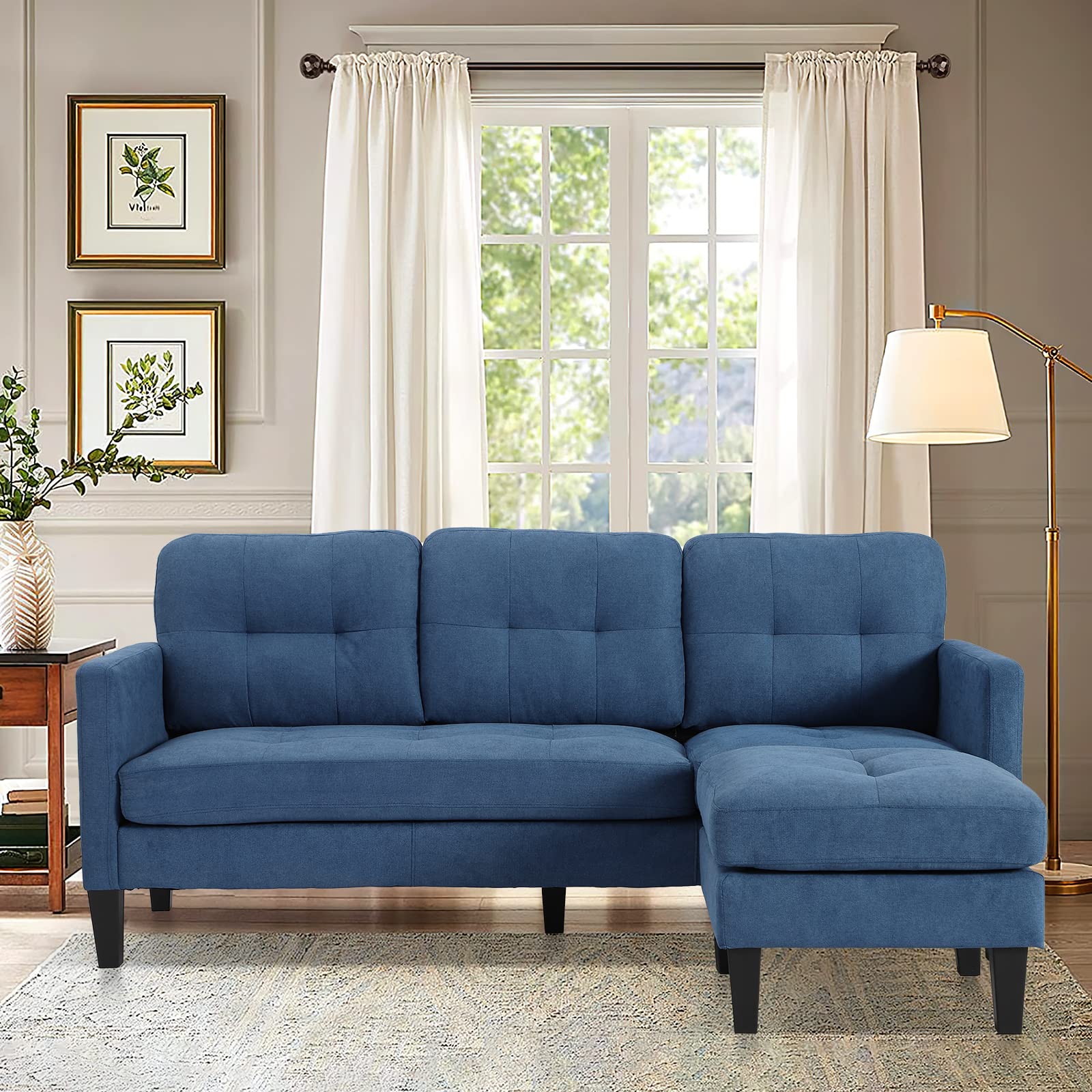 Grepatio Convertible Sectional Sofa - Modern Linen L-Shaped Couch for Small Spaces in Blue | Perfect for Apartments, Living Rooms & Home Offices