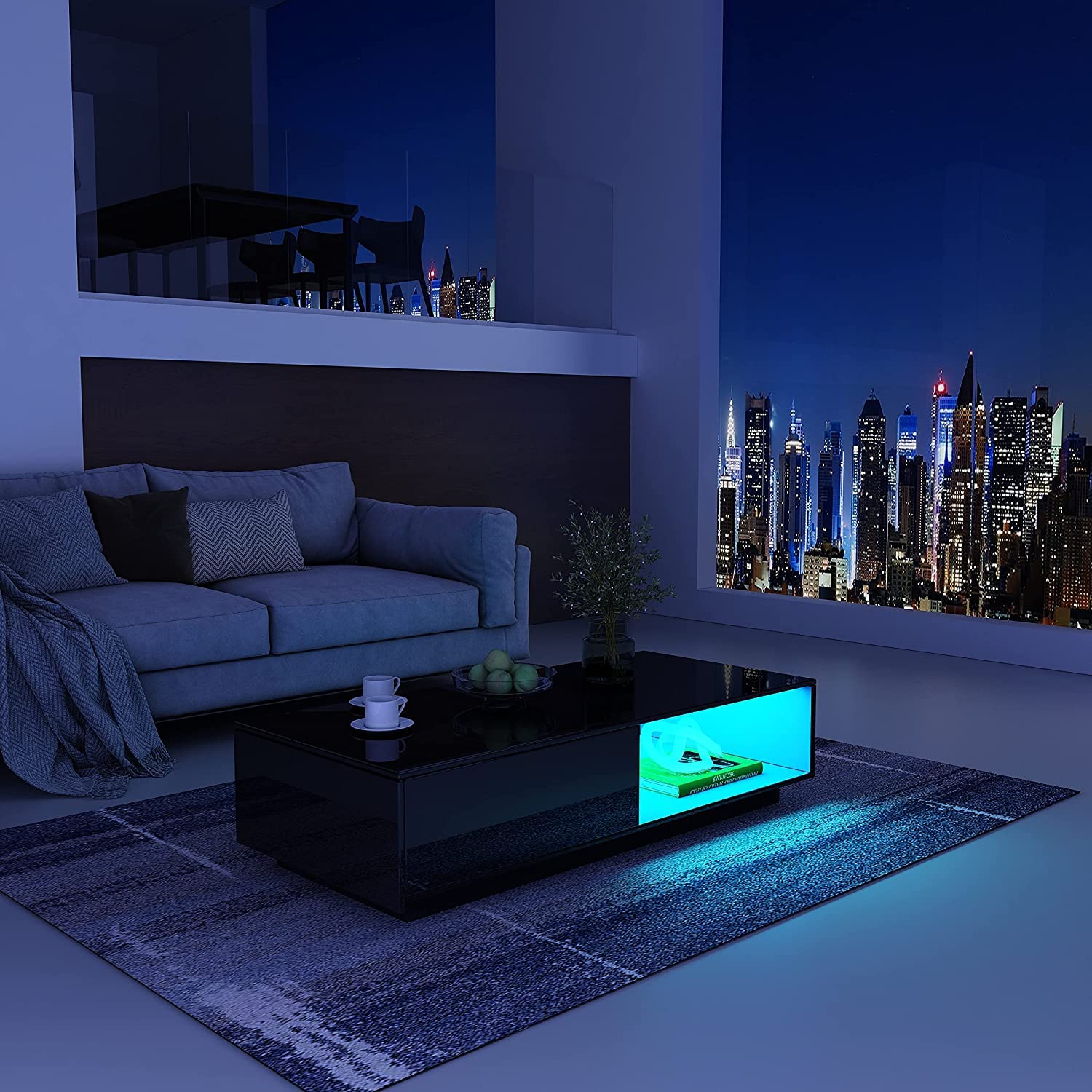 Modern High Gloss LED Coffee Table with Storage Drawer - 37.4 x 23.6 x 12.4 Inches Black Living Room Furniture for Small Spaces, Home Decor & Entertaining Guests