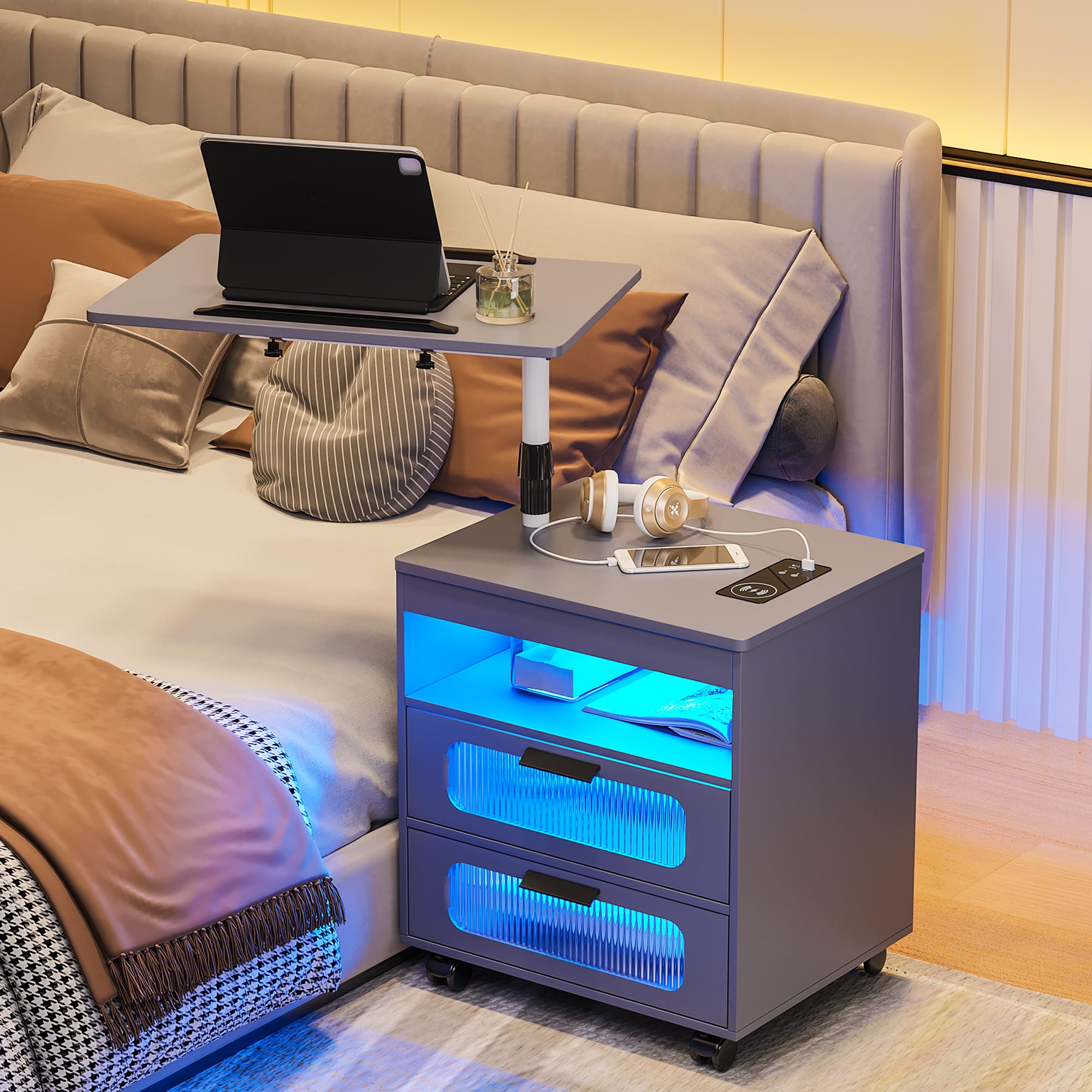 Wireless Charging Nightstand with LED Lights & Adjustable Rotary Workstation - Modern Smart Bedside Table with 2 Drawers, Sensor Light & Wheels for Bedroom (Grey) - Perfect for Charging Devices & Organizing Essentials by Your Bed