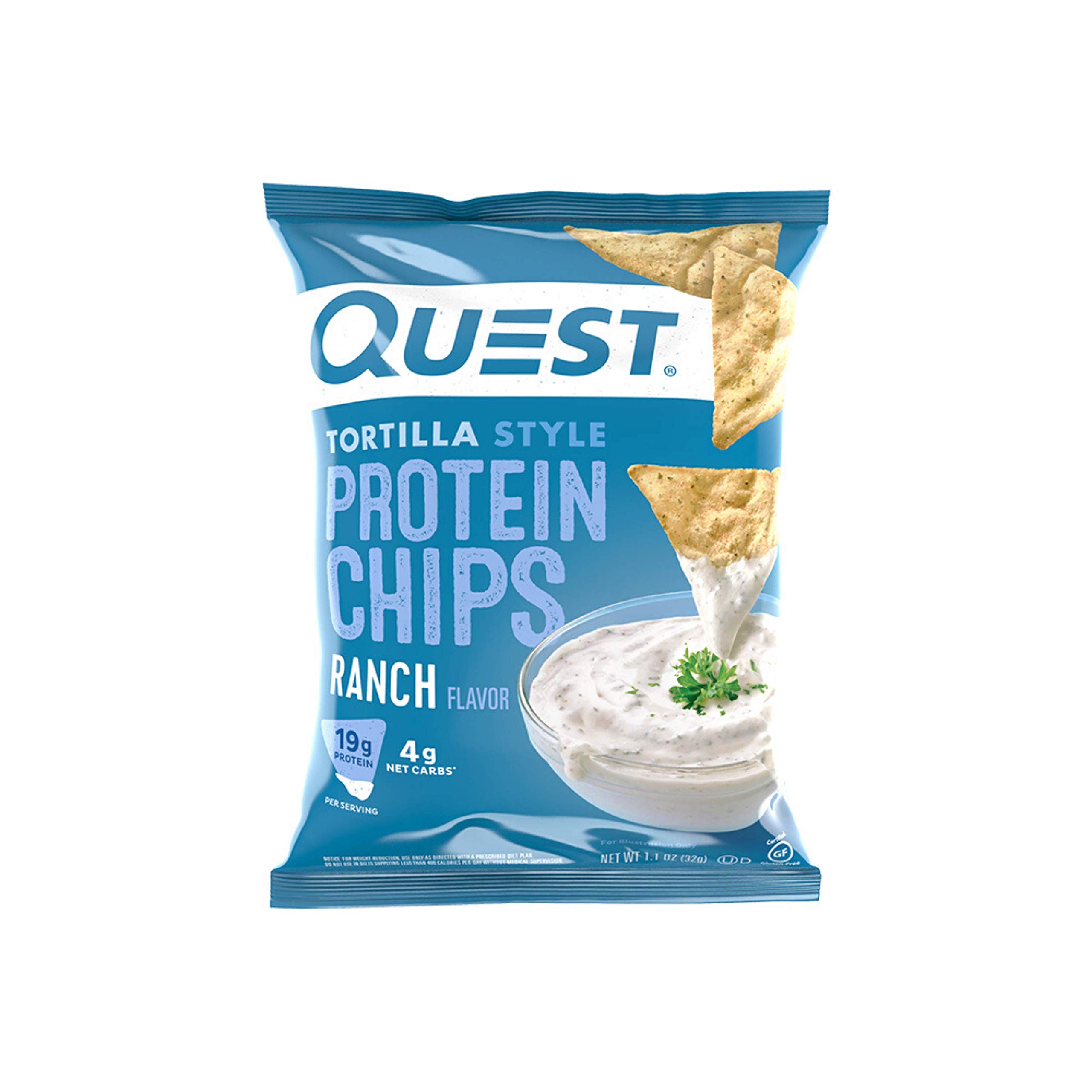 Quest Nutrition Tortilla Style Protein Chips - Ranch Flavor, Baked Snacks with 19g Protein & 4g Net Carbs | Low Carb, Gluten Free, Keto Friendly | 1.1oz Bags (Pack of 12) | Perfect for On-the-Go Snacking, Post-Workout Recovery & Healthy Lifestyle