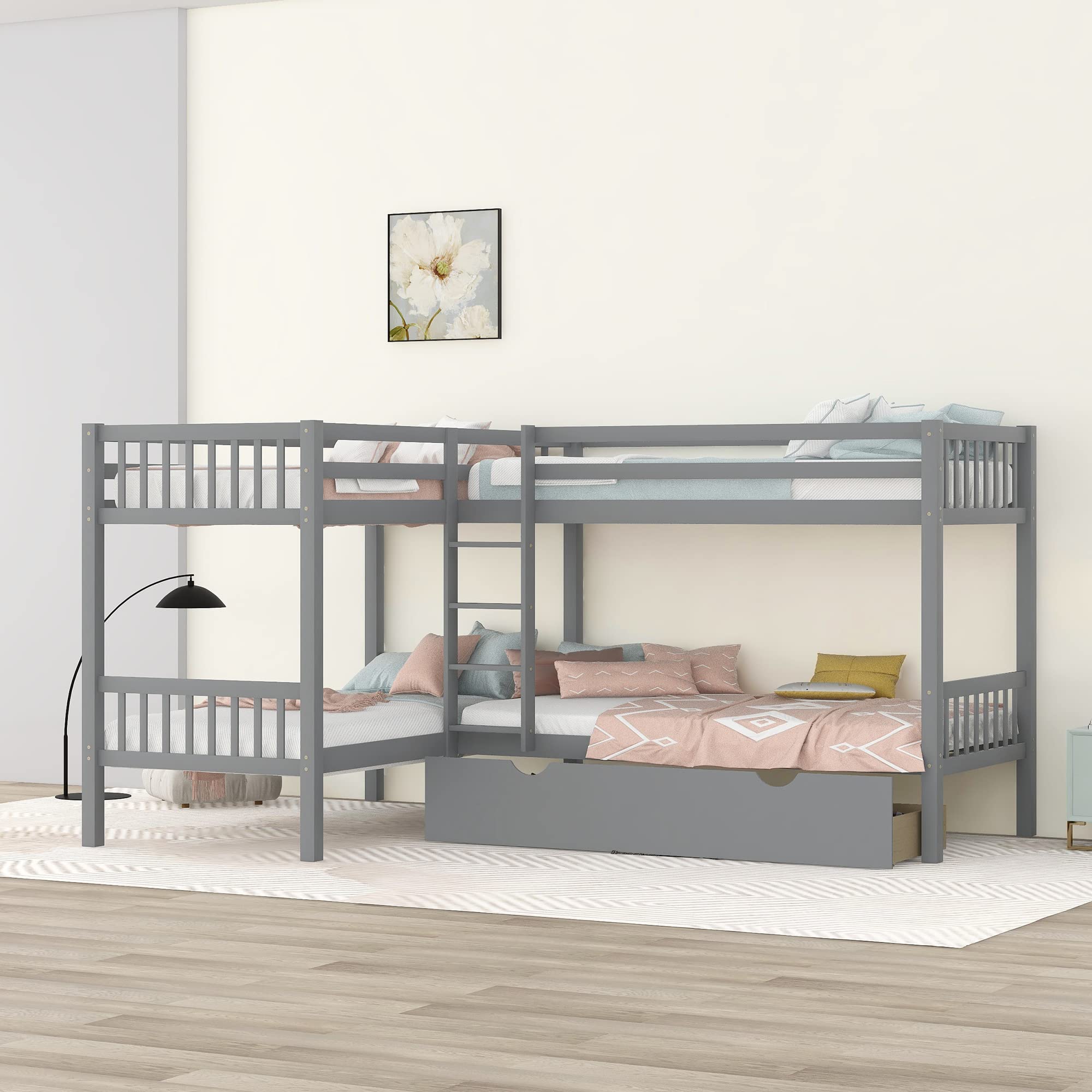 L-Shaped Bunk Bed with Storage Drawers - Twin Over Twin Quad Bunk Bed for Kids, Teens, Boys & Girls - Sturdy Wooden Frame in Gray - Perfect for Small Bedrooms, Shared Kids Rooms & Vacation Homes
