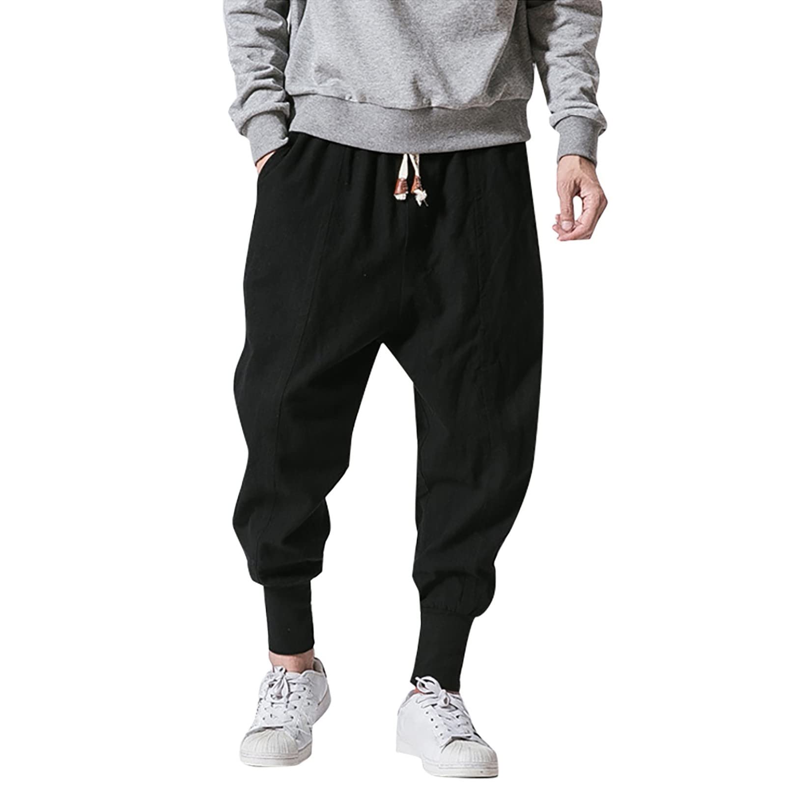 Men's Cotton-Linen Elastic Waist Drop-Crotch Joggers - Solid Brown Casual Pants for Lounge, Streetwear & Home Comfort | Breathable & Stylish