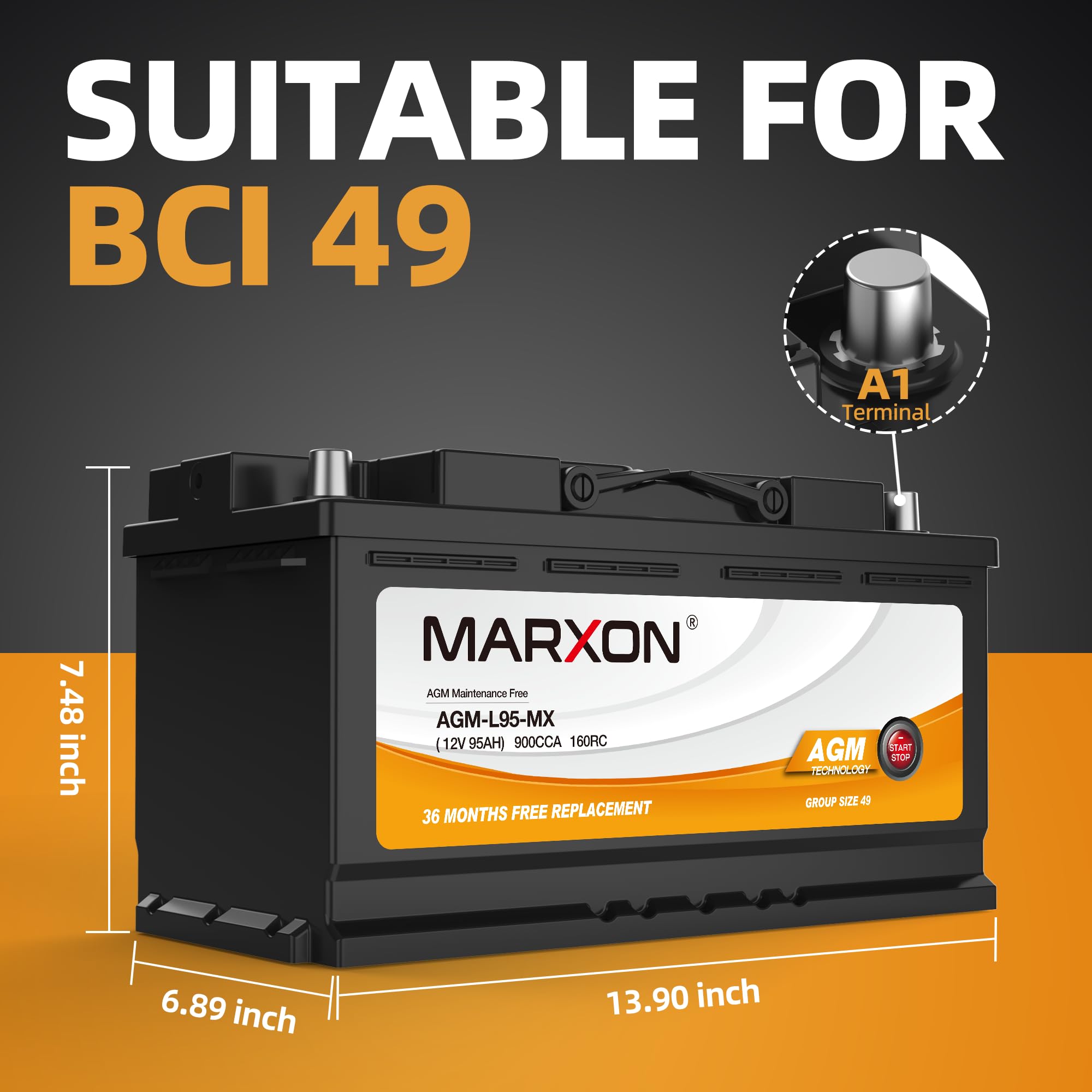MARXON Group 49 H8 L5 AGM Car Battery 12V 95AH 900CCA - Maintenance Free Automotive Replacement Battery for Start-Stop Vehicles | Perfect for Trucks, SUVs & Luxury Cars
