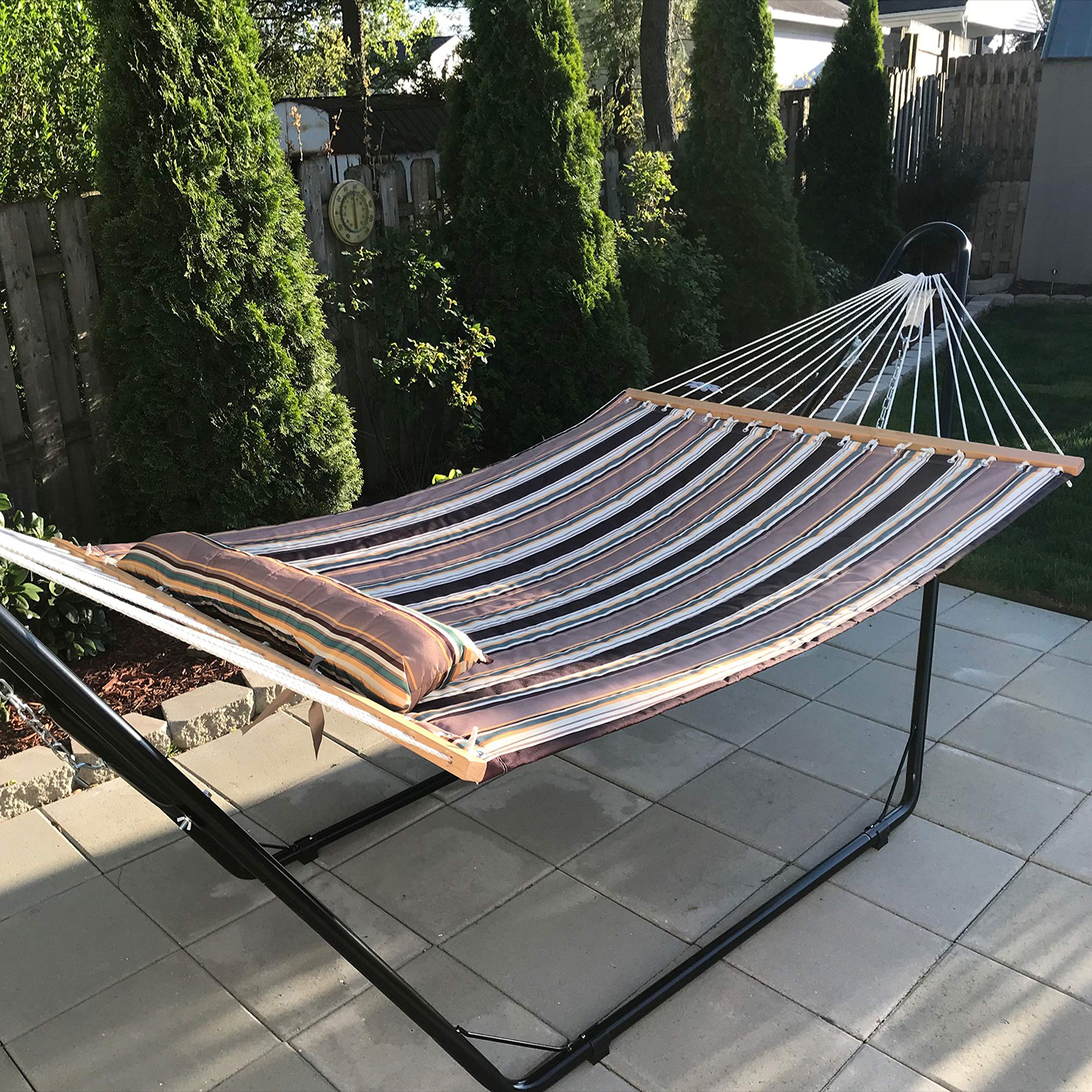Sunnydaze Double Quilted Fabric Hammock with Universal Steel Stand - 450lb Weight Capacity - Black Stand - Perfect for Backyard, Patio, Beach & Outdoor Relaxation