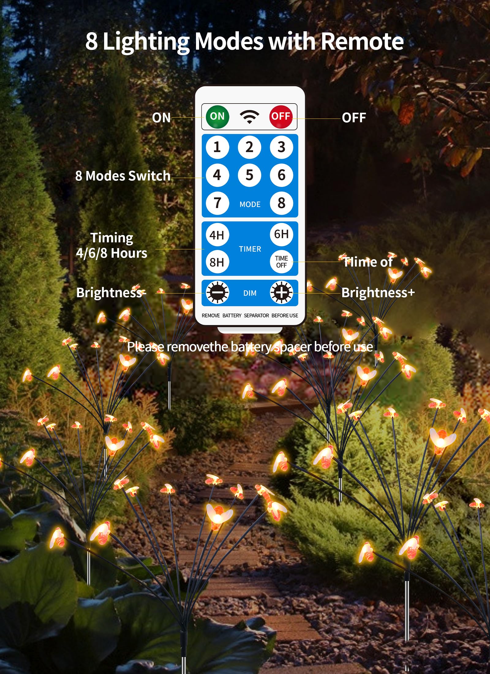 Solar Powered Outdoor Pathway Lights - 4 Pack Waterproof 40 LED Firefly Garden Lights with Remote Control | Warm White Dancing Solar Lights for Walkway, Lawn, Patio & Christmas Decoration | Perfect for Garden, Yard, Driveway and Landscape Lighting