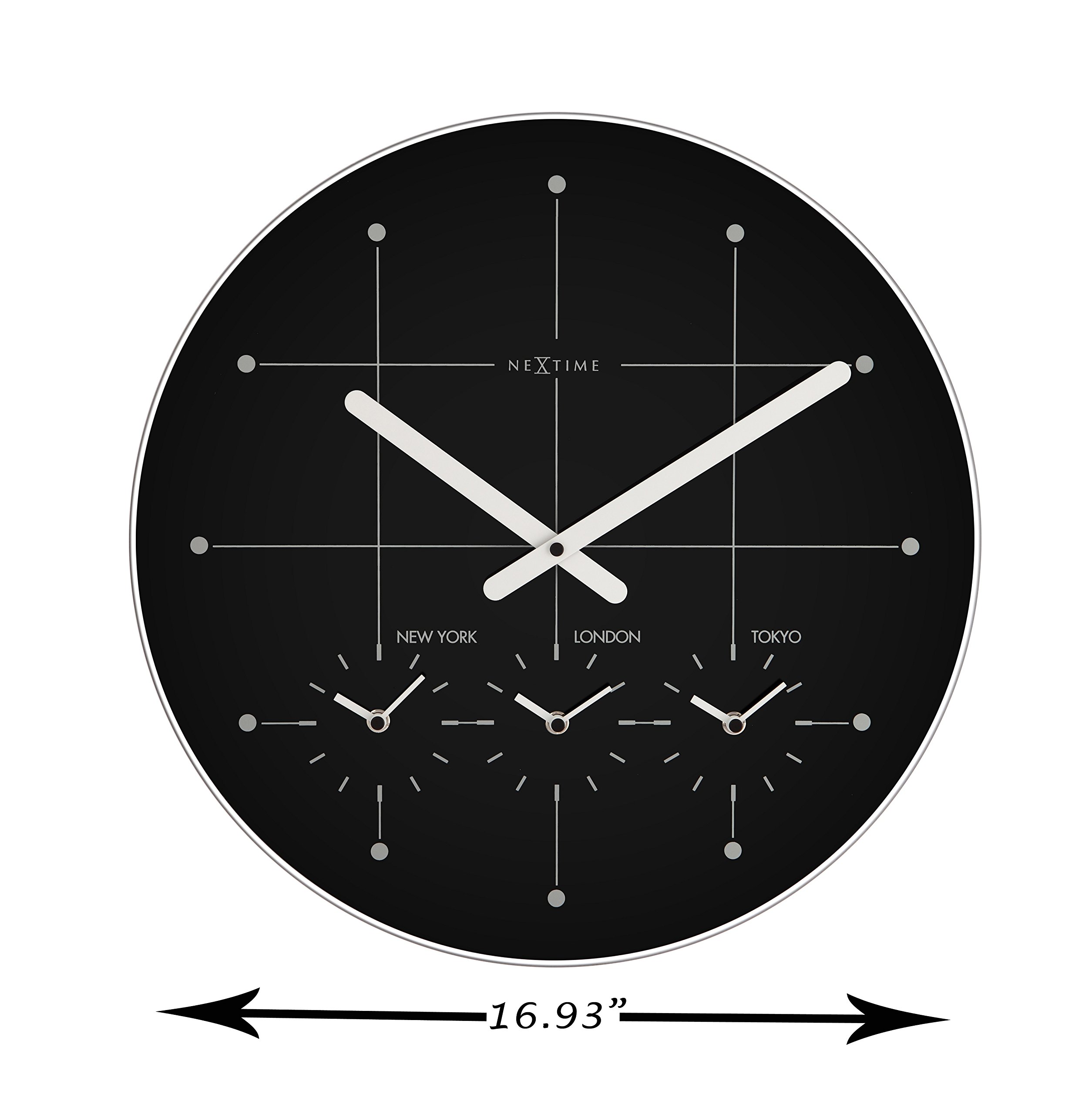 Unek Goods NeXtime 16.9 Inch Large Round Wall Clock - Black with White Hands, Glass Cover, 4 Time Zones Display, Battery Operated - Perfect for Office, Living Room, Bedroom & Home Decor
