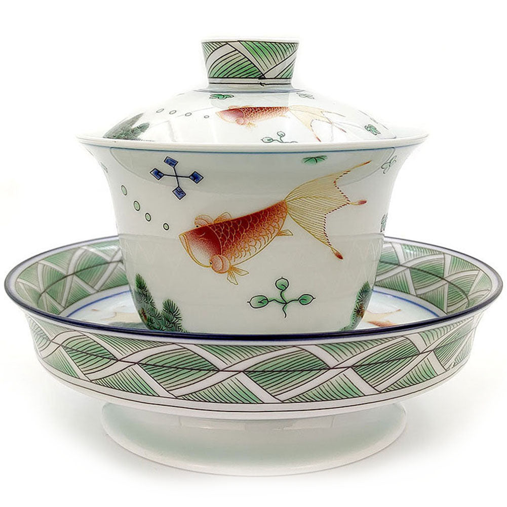 Hand-Painted Enamel Polychrome Porcelain Goldfish Gaiwan Tea Set - Traditional Chinese Tea Cup with Lid & Saucer for Loose Leaf Tea Ceremony, Gift & Home Decor