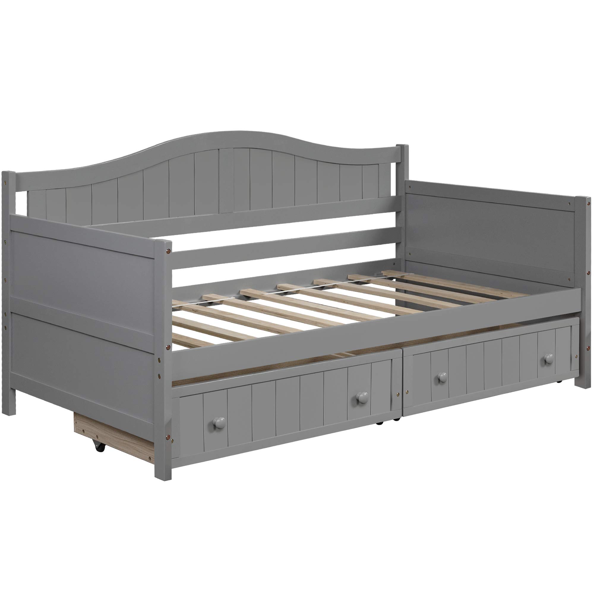 Triple Tree Wooden Twin Daybed Frame with 2 Drawers - Sturdy Twin Size Sofa Bed for Kids, Teens & Adults - 10 Wood Slat Support Platform - No Box Spring Needed - Gray - Perfect for Bedroom, Living Room & Guest Room Space Saving Solution