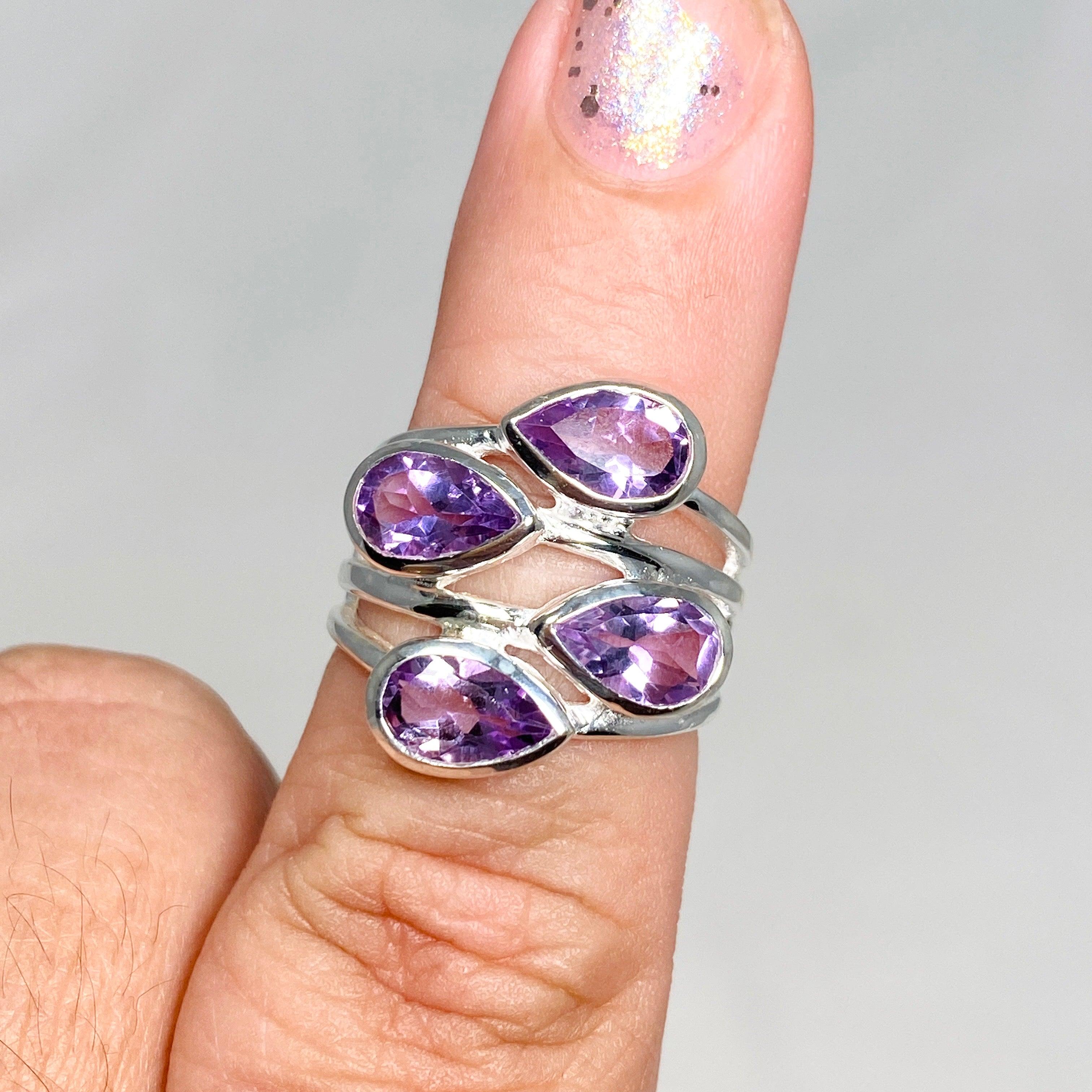 Amethyst Multi-Stone Faceted Teardrop Ring R3815 - Elegant Purple Gemstone Jewelry for Women, Perfect for Weddings, Parties & Special Occasions