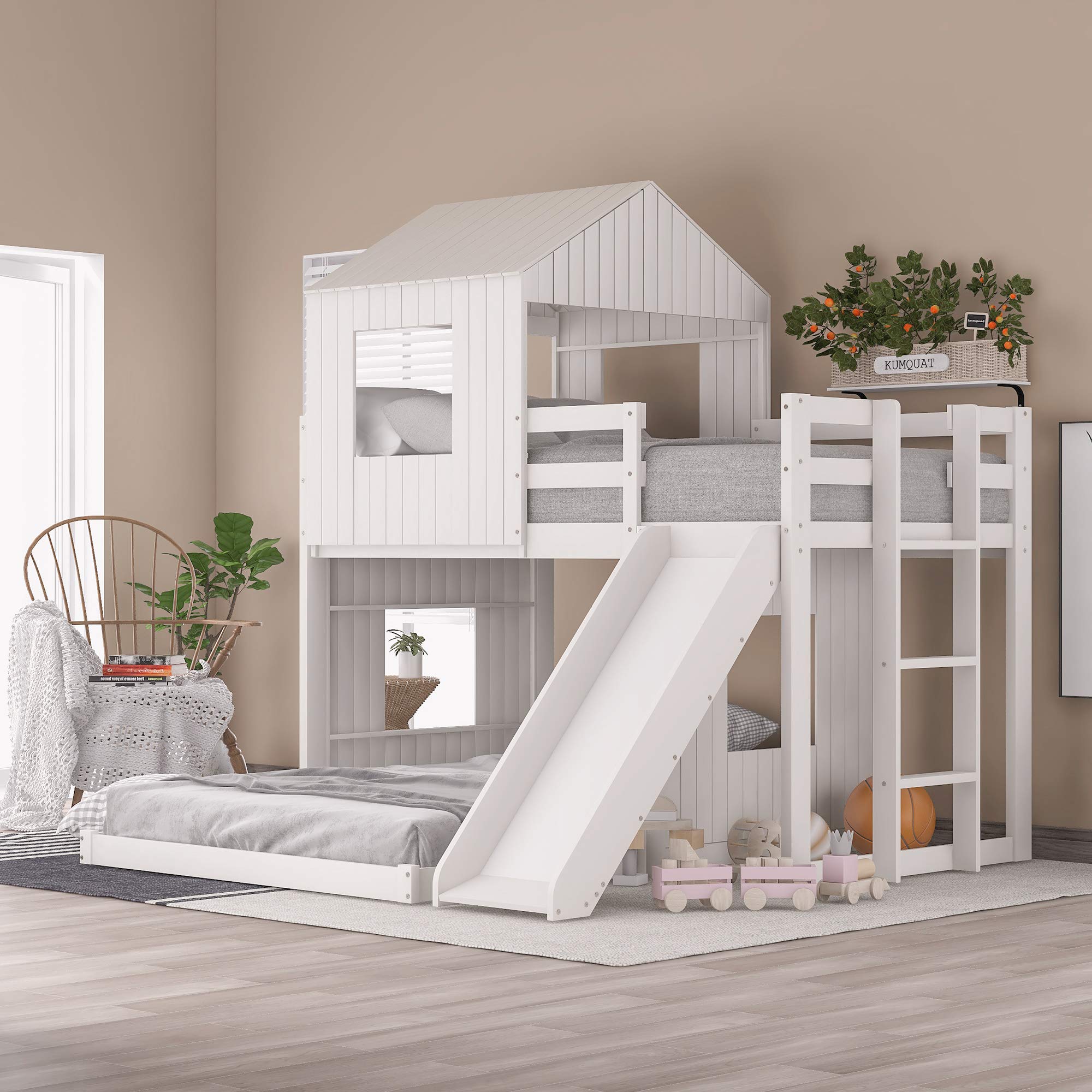 Merax Twin Over Full Bunk Bed Frame with Slide - Sturdy Wooden House Design with Safety Guardrails & Ladder - Space-Saving Kids Bedroom Furniture for Boys, Girls, Teens - Perfect for Shared Rooms, Sleepovers & Small Spaces