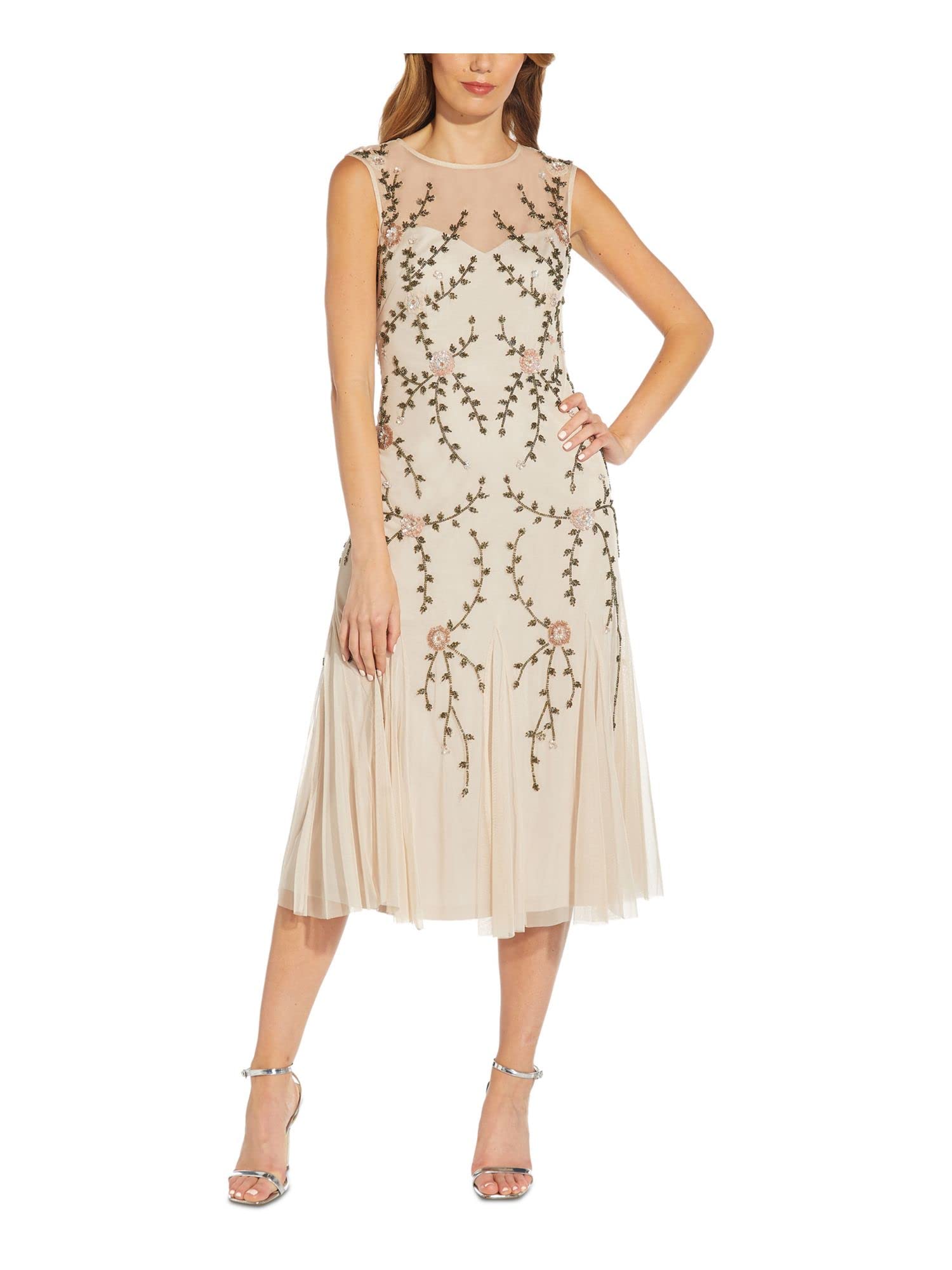 Adrianna Papell Women's Beaded Tea Length Dress for Wedding Guest, Cocktail Party & Special Occasions | Elegant Beaded A-Line Dress with V-Neck & Short Sleeves