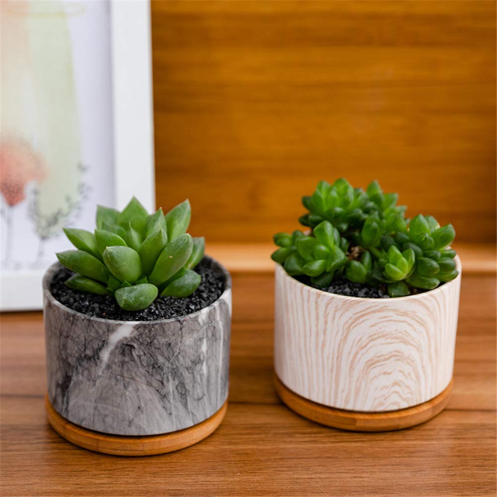 3.5 Inch Round Marble Ceramic Succulent Plant Pots with Bamboo Tray & Drainage Hole - Set of 4 Small Cactus Flower Pots for Home Decor, Office Desk, Garden & Gift Giving