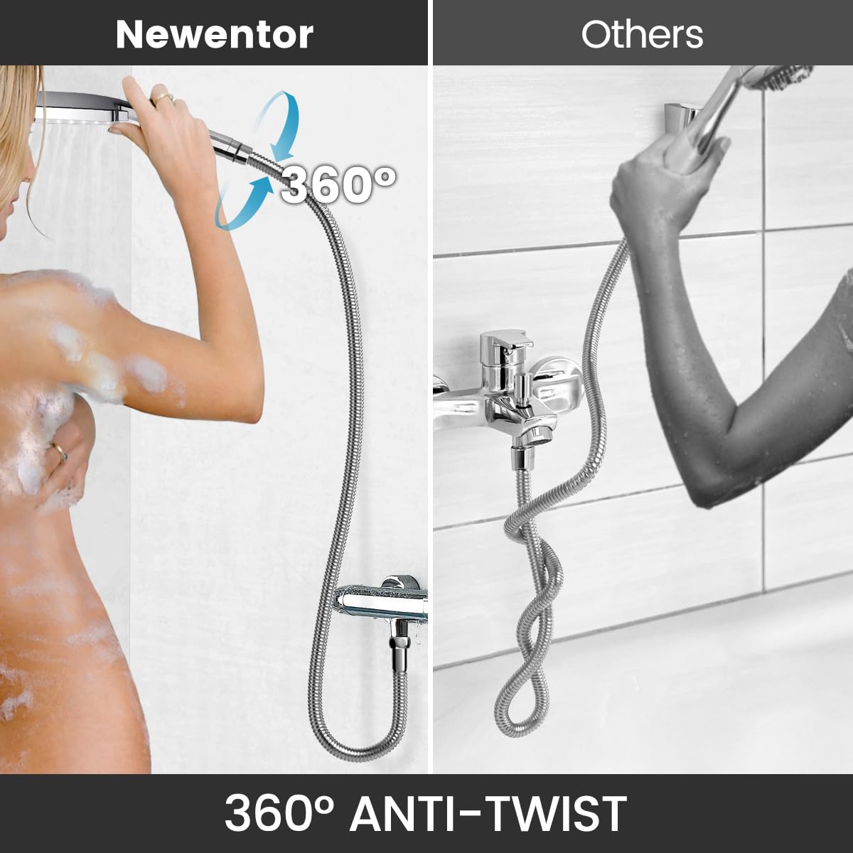 Newentor High Pressure Shower Head with 6 Spray Modes - Detachable Square Shower Head with Stainless Steel Hose & Adjustable Stand - Chrome Finish for Bathroom, Spa & RV Use