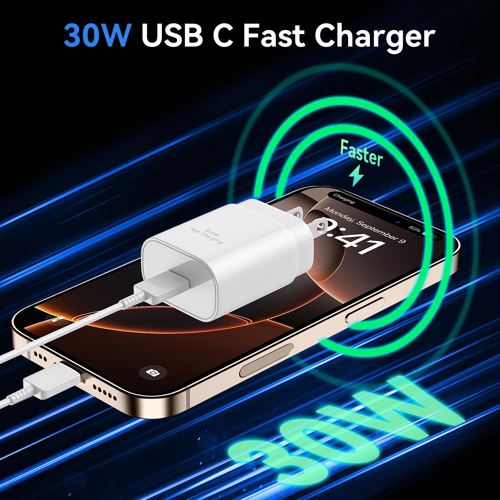 30W Fast USB C Charger Block with 10FT Cable - Compatible with iPhone 16/16 Pro/16 Pro Max/16 Plus & iPhone 15/15 Pro/15 Pro Max/15 Plus, iPad, Android Phones - Quick Charging for Home, Office & Travel
