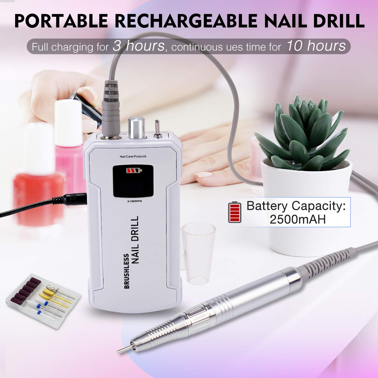 IMENE Professional Nail Drill Machine - 35,000 RPM Portable Rechargeable Brushless E-File for Acrylic, Gel & Natural Nails (White) | Perfect for Salon, Home Manicure & Nail Art Design