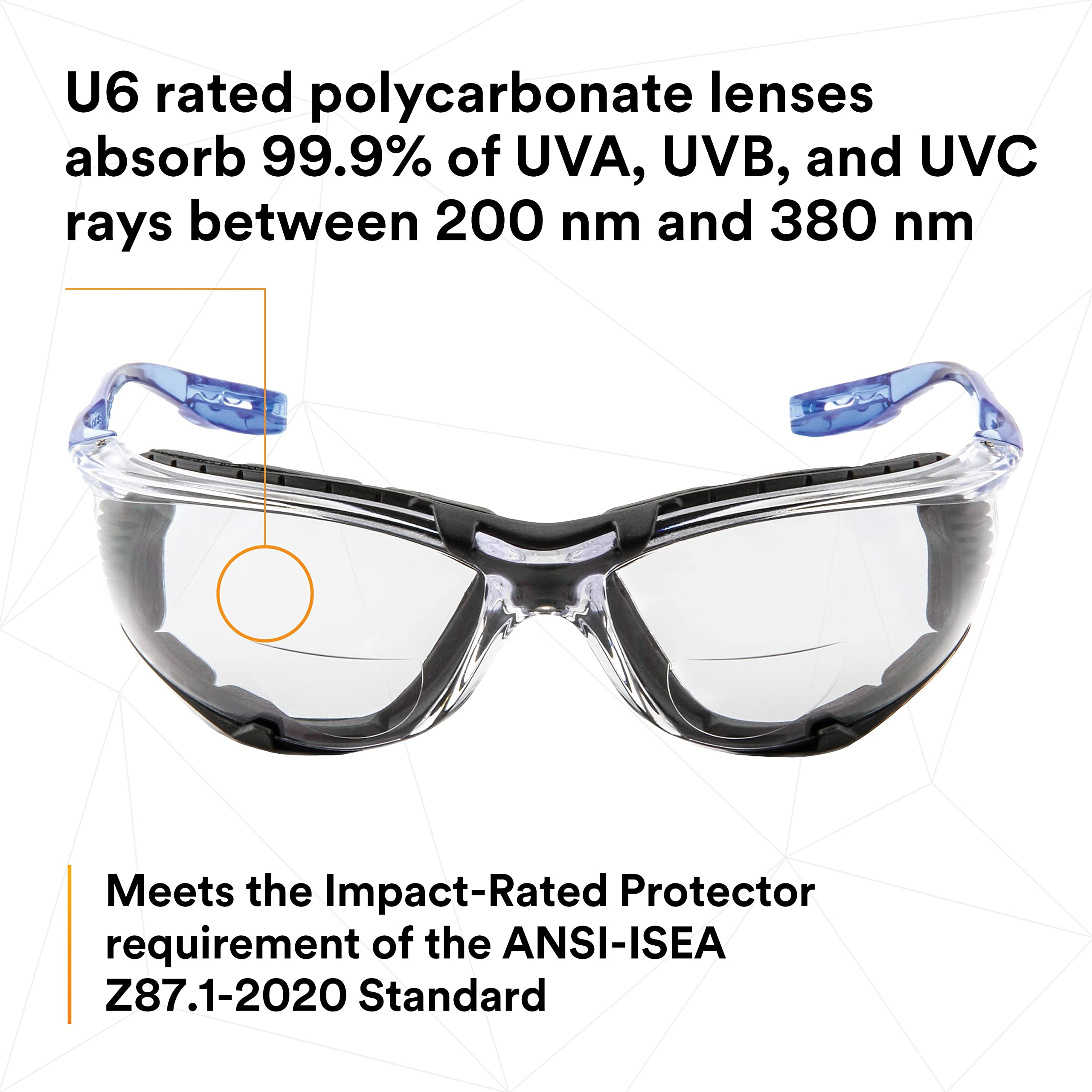 3M Virtua CCS Safety Glasses with +2.5 Readers - ANSI Z87.1 Certified, Anti-Fog Clear Lens & Frame, Blue Arms, Corded Ear Plug System, Removable Foam Gasket (20-Pack) - Perfect for Construction, Lab Work & DIY Projects