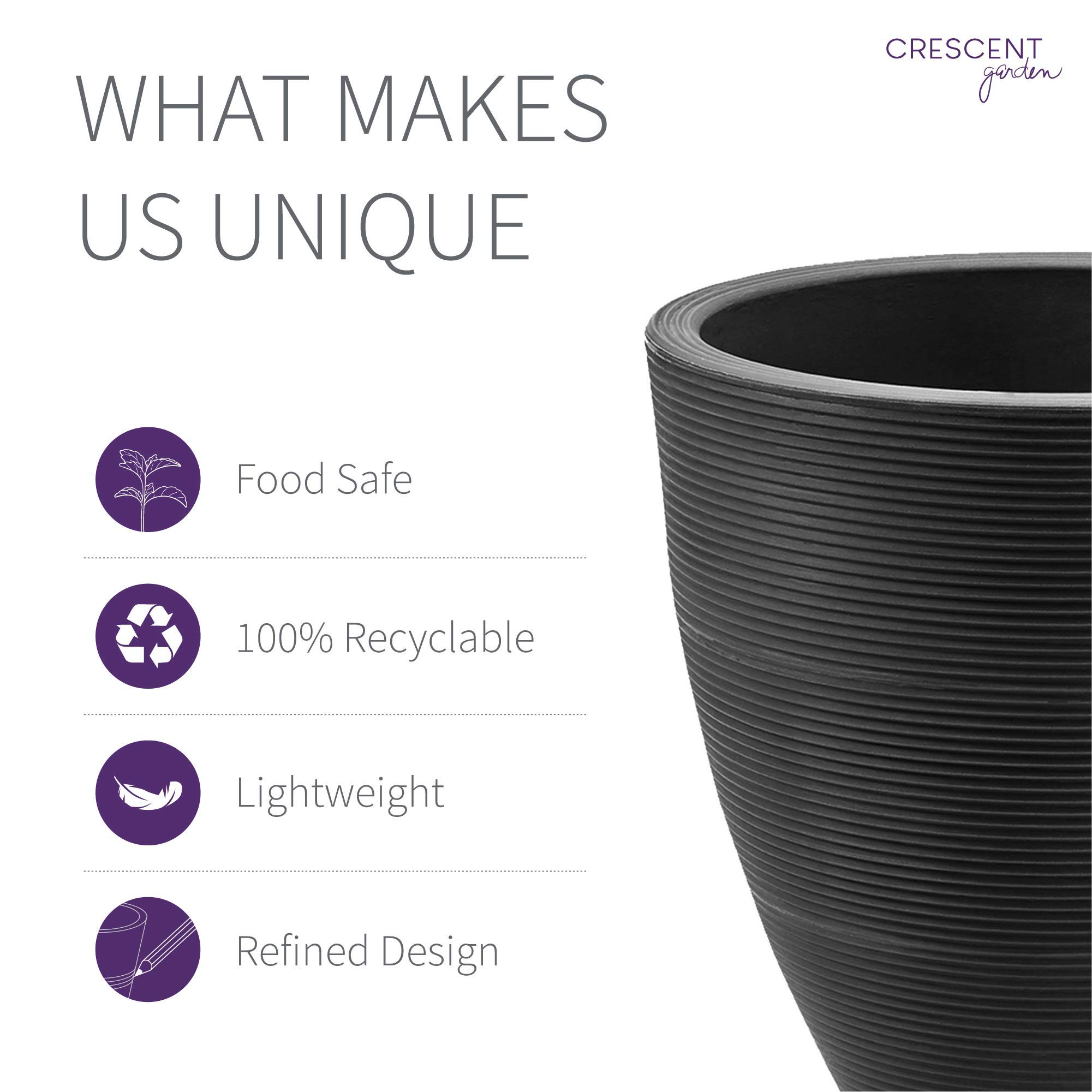 Delano Tall Planter by Crescent Garden - Modern Indoor/Outdoor Flower Pot in Caviar Black - Perfect for Home Decor, Patio, Garden & Office Plants