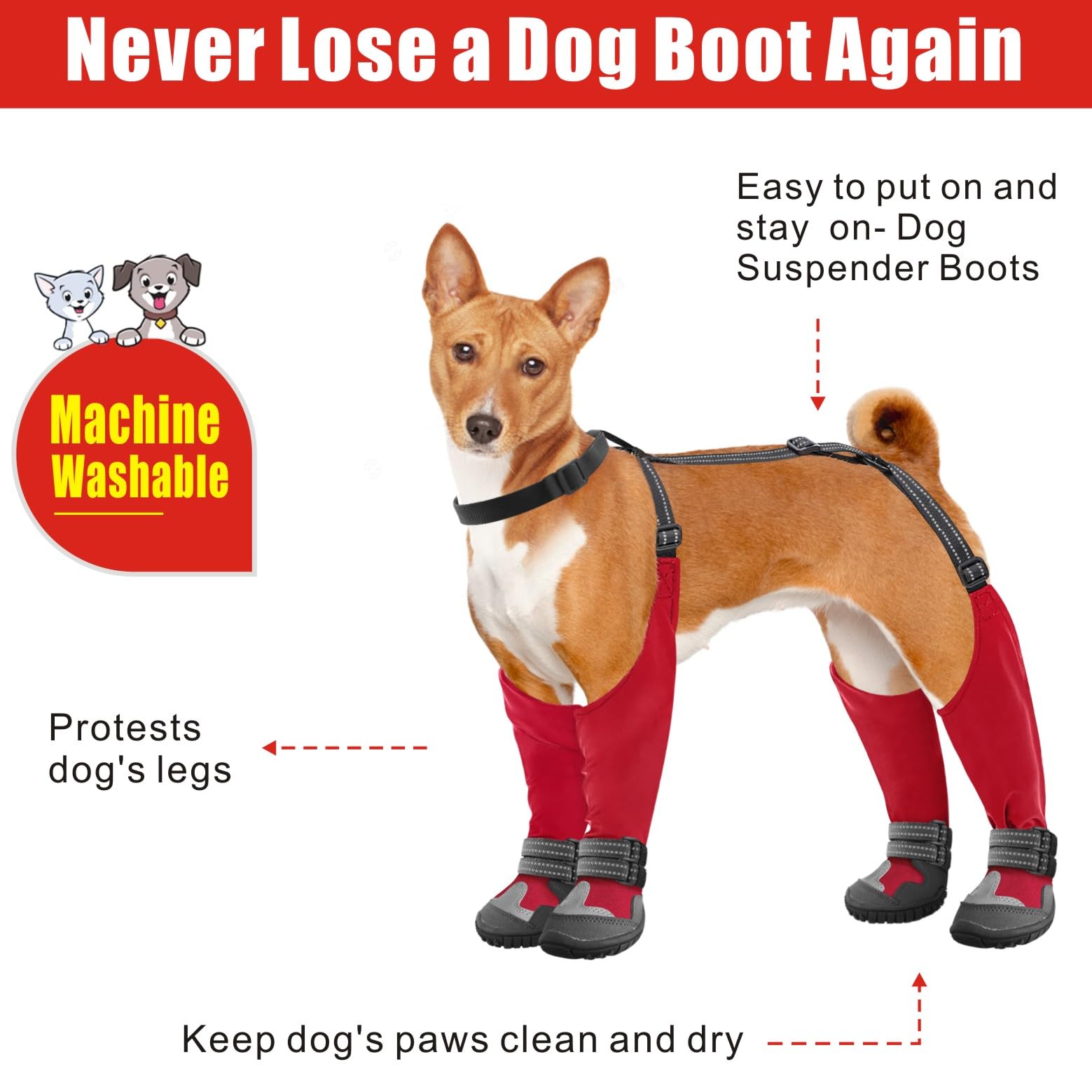 Idepet Dog Suspender Boots - Waterproof Anti-Slip Winter Dog Shoes with Adjustable Straps for Snow, Rain & Hiking - Paws Protection for Small Medium Large Dogs (Red, Size 5) | Perfect for Outdoor Adventures, Winter Walks & Rough Terrain Protection