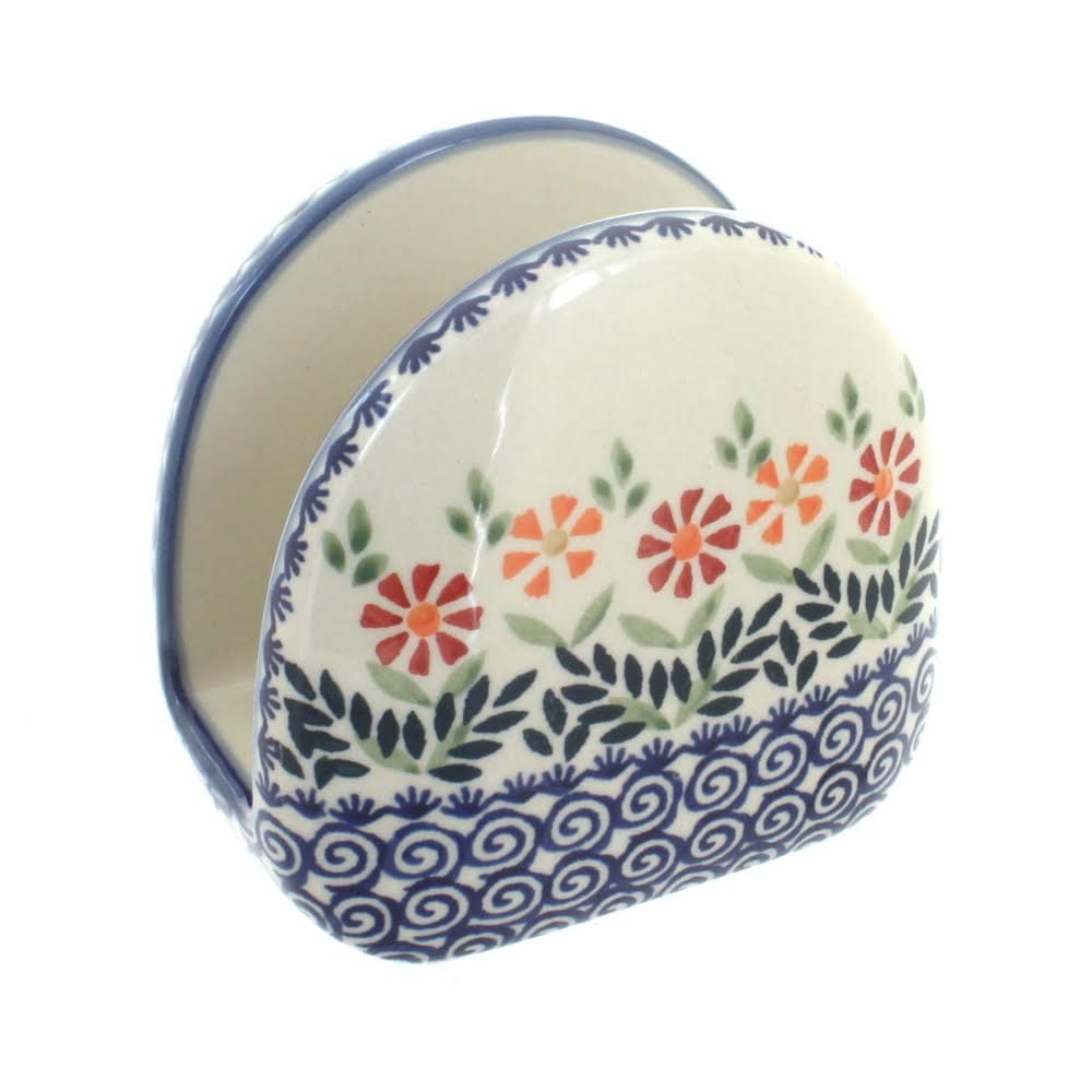 Blue Rose Polish Pottery Napkin Holder - Handcrafted Floral Design for Dining Table Decor, Kitchen, and Garden Party Accessories