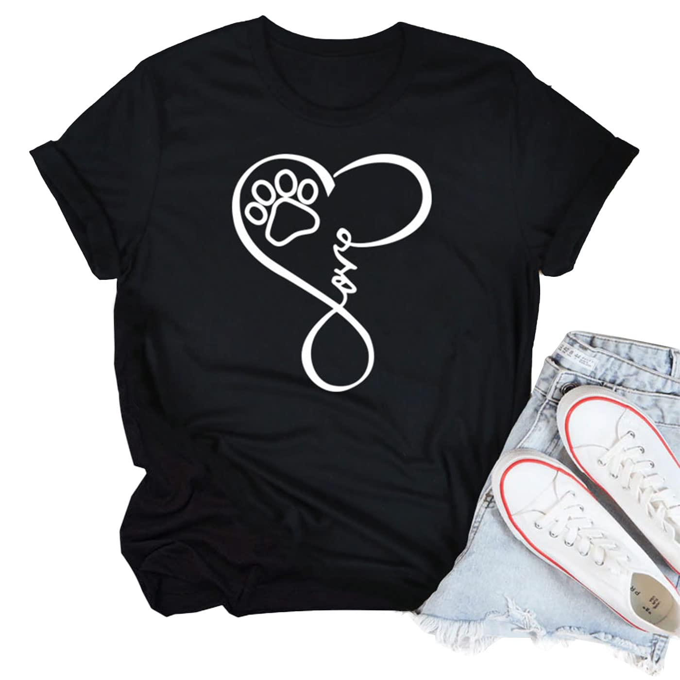 Animal Rescue T-Shirt for Women - Summer Walker Shirt with Dog Paws Graphic Heart Design - Z Love Black - Perfect for Dog Lovers, Volunteer Work & Animal Shelter Support