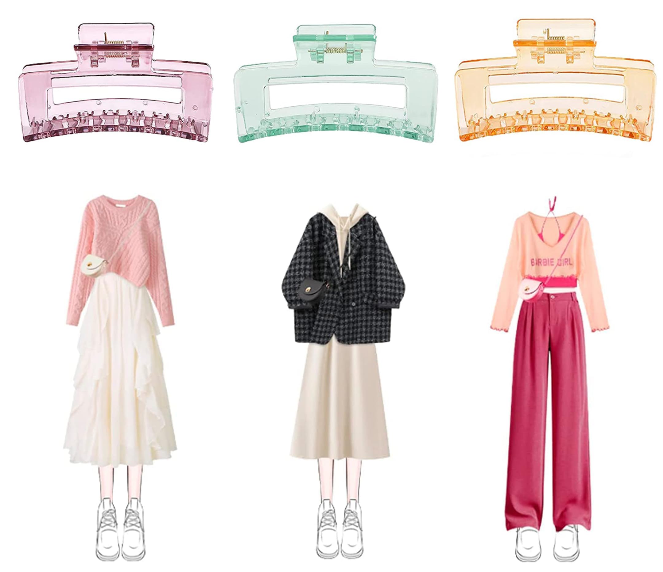 Korean Style Big Hair Claw Clips for Women - 3 Pack Strong Hold Transparent Hair Clips for Thin, Thick & Curly Hair - Perfect for School, Work, Gym and Everyday Styling
