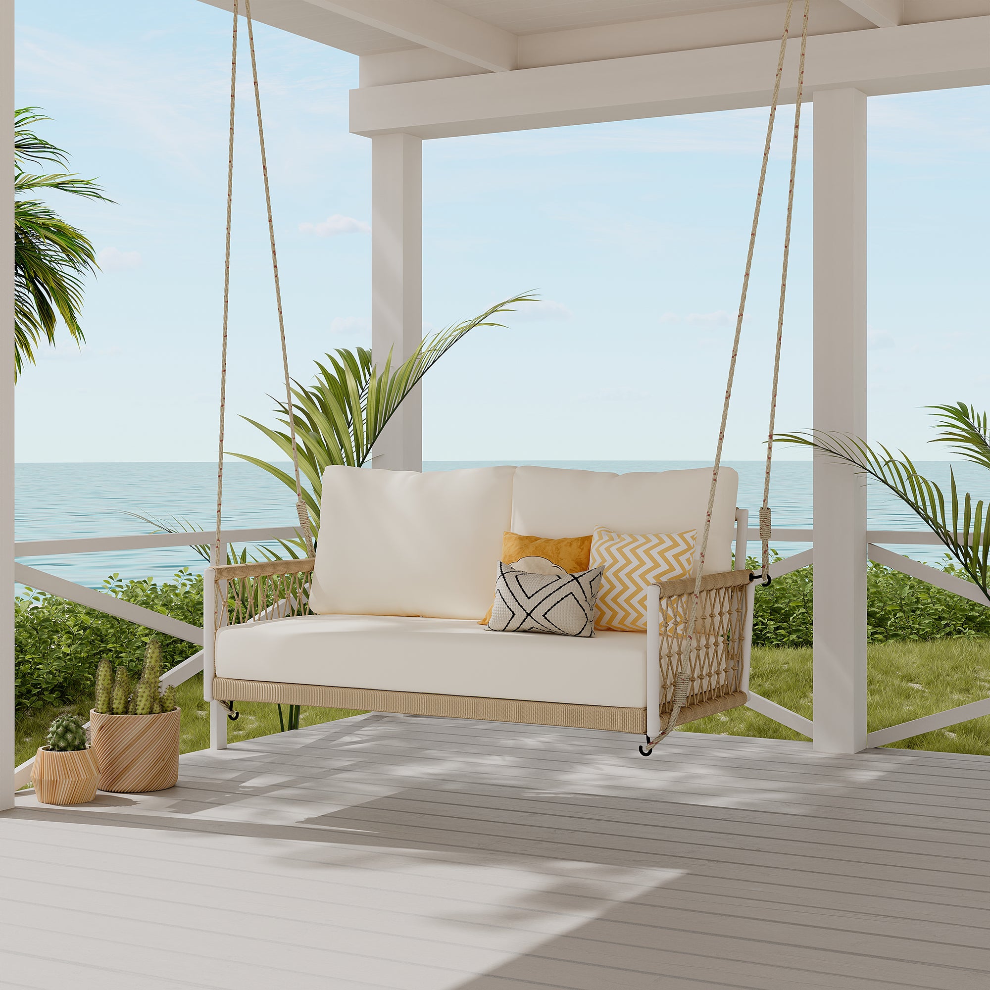 1 Piece Woven Rope Outdoor Swing Sofa with Soft Cushions - Seats 2 People - Perfect for Patio, Garden, Backyard, Balcony & Porch - Weather-Resistant Beige Hanging Chair for Relaxation & Leisure Time