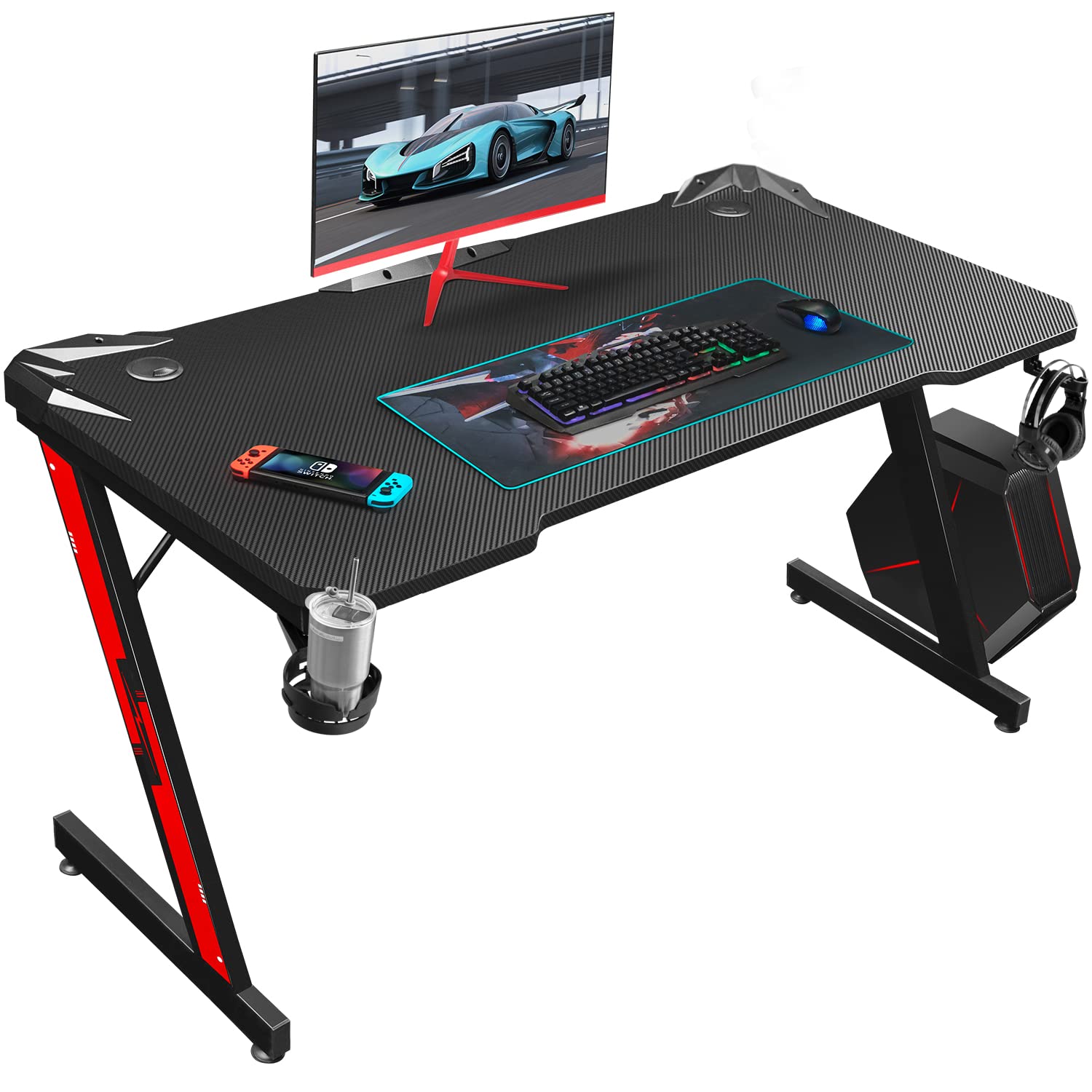 Homall 44-inch Black Gaming Desk - Carbon Fiber Surface Z-Shaped PC Computer Workstation with Cup Holder & Headphone Hook - Perfect for Home Office, Streaming Setup & Esports Gaming Battlestation