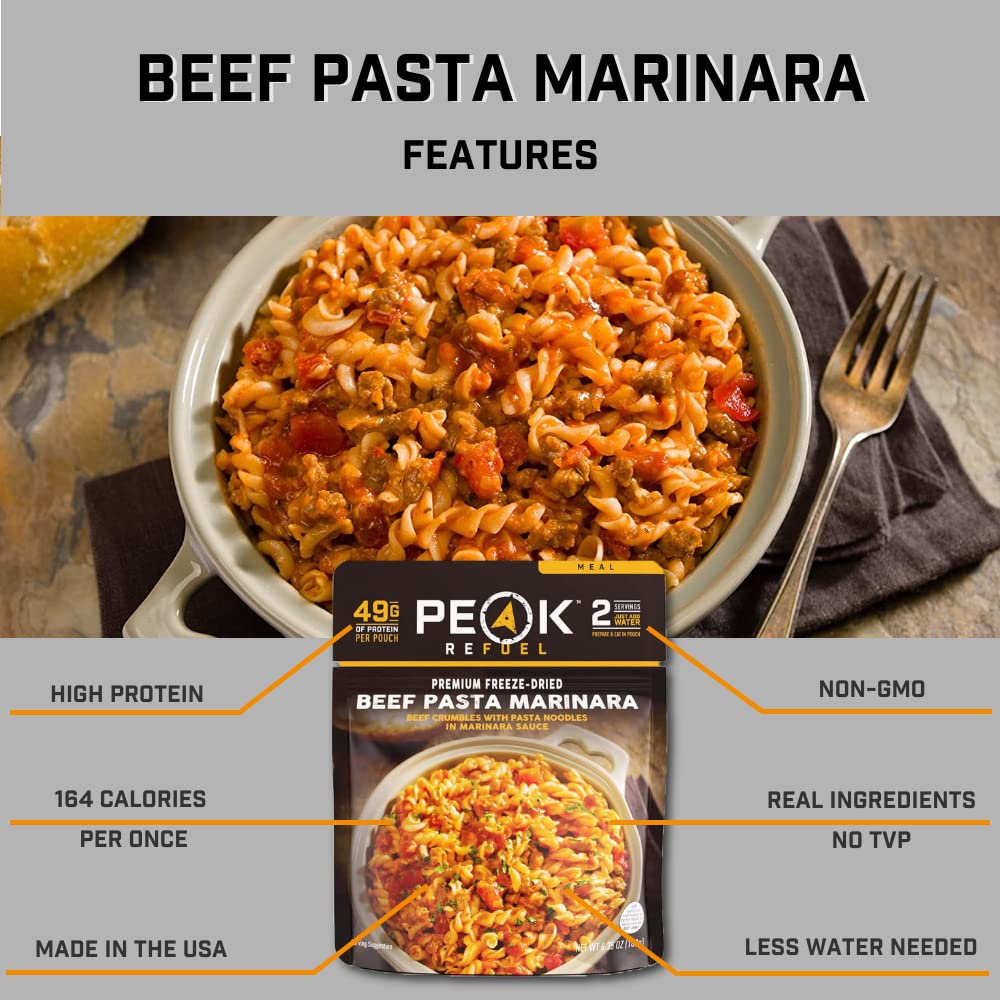 Peak Refuel Beef Pasta Marinara Freeze Dried Meal - High Protein 49g, 1040 Calories, 100% Real Meat - Lightweight Backpacking & Camping Food (2 Servings) - Perfect for Hiking, Emergency Preparedness & Survival Situations