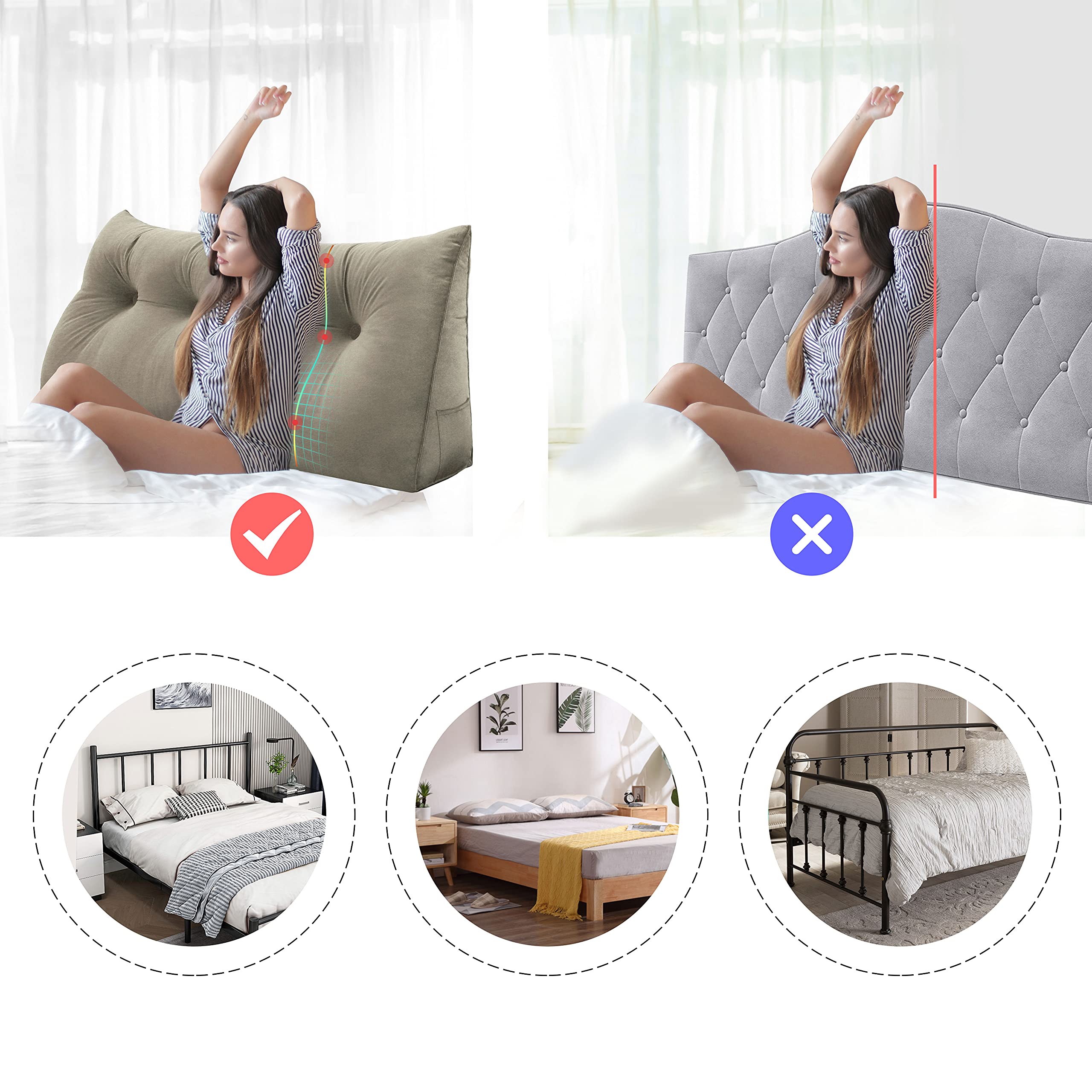 Ergonomi Headboard Pillow for Full Size Bed - Soft Velvet Upholstered Backrest Cushion, No Assembly Needed, Portable Dorm Room Headboard (100% Cotton, Beige-Gray) - Perfect for Bedroom, Dorm, Reading Nook & Back Support While Sitting in Bed