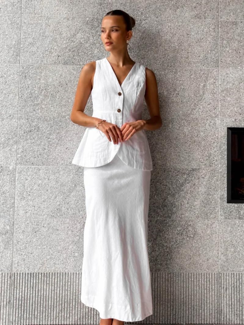 Elegant French Style Women's Long V-Neck Linen Vest with Pockets - Casual Summer Tops for Office Wear, Beach Outfits & Travel Essentials