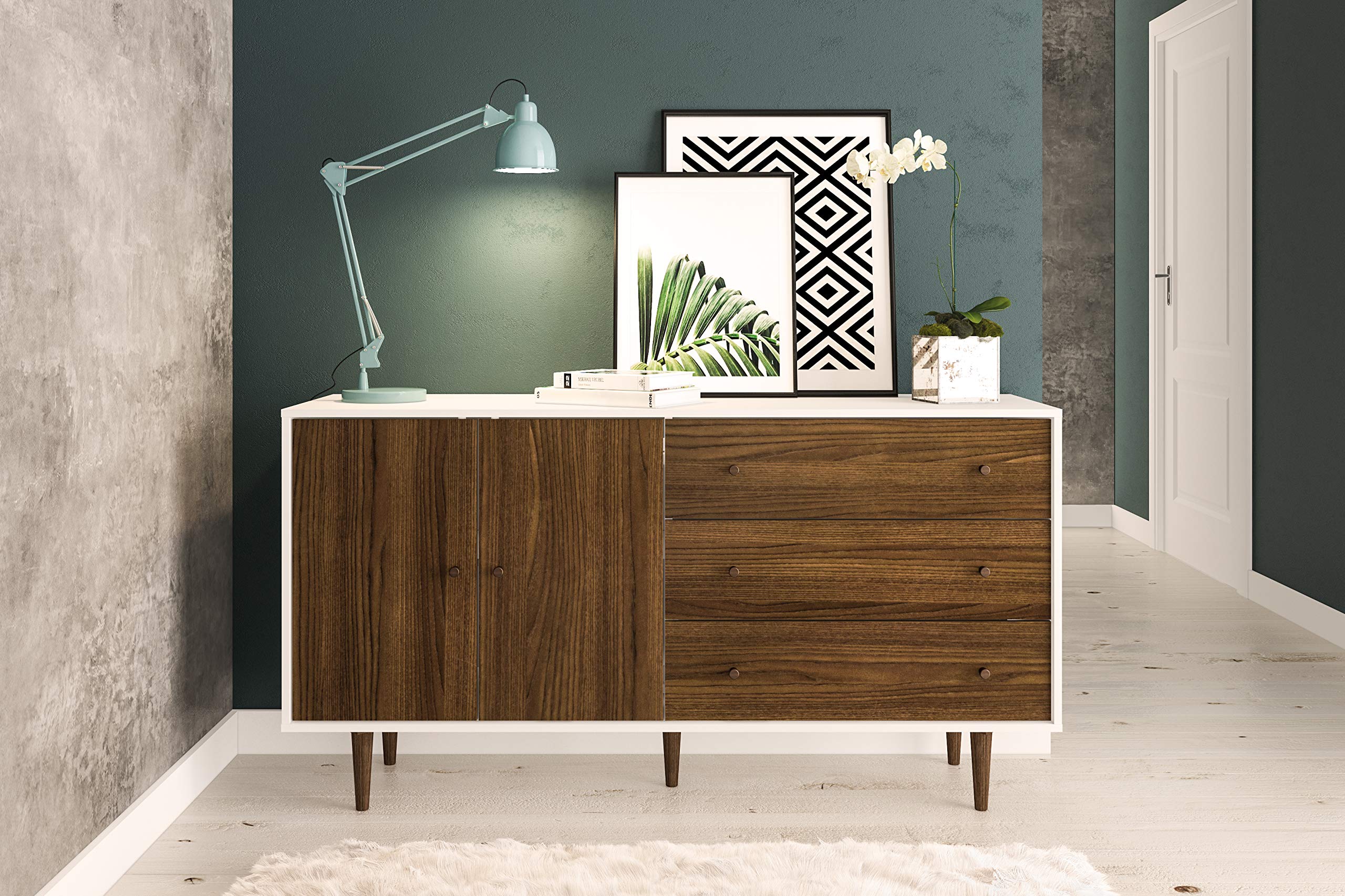 Polifurniture Pasadena Sideboard Buffet - White & Dark Brown Modern Dining Room Storage Cabinet - Perfect for Dining Room, Living Room & Entryway Organization