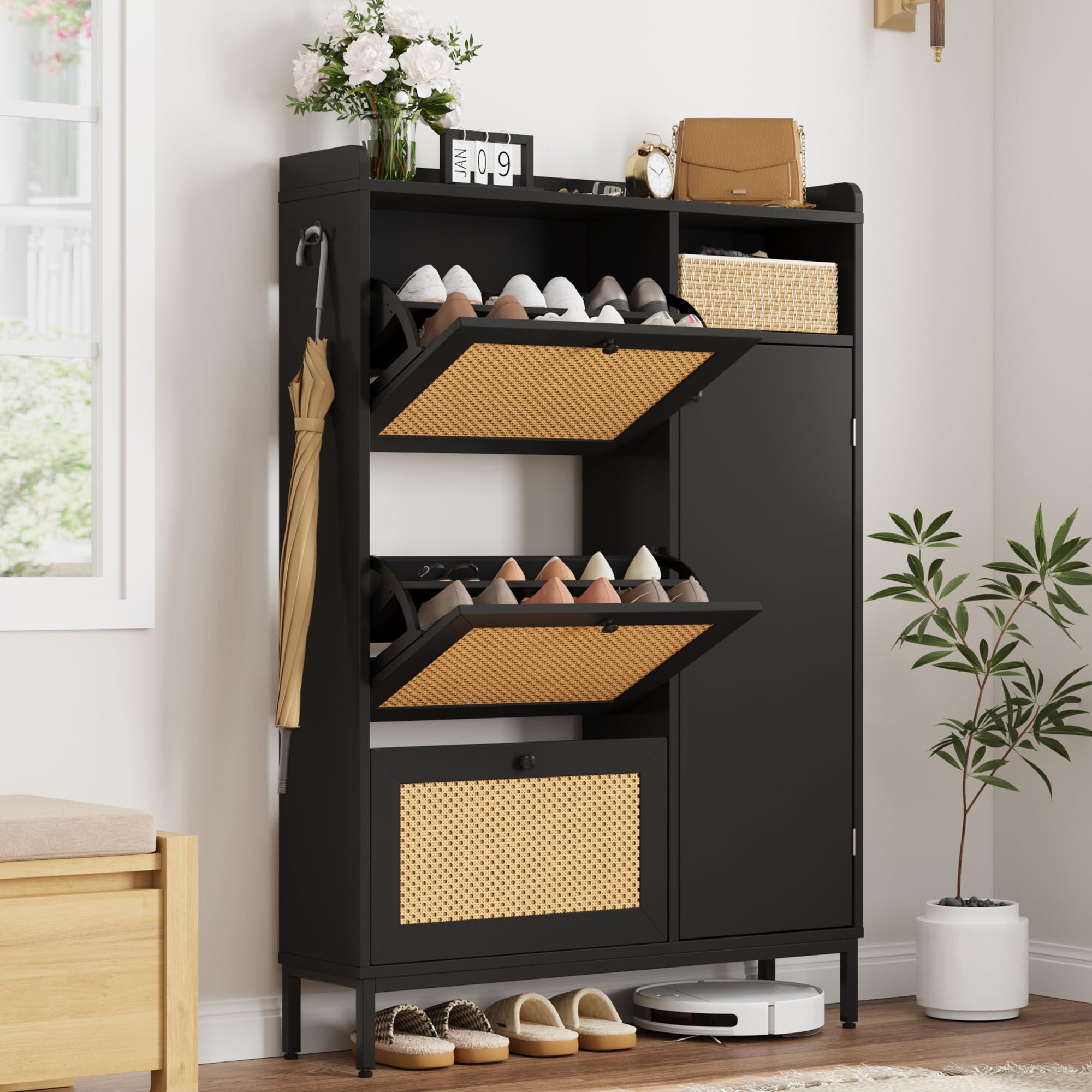 Rattan Shoe Storage Cabinet with 3 Flip Drawers - Freestanding Entryway Organizer with Adjustable Shelves, Narrow Hallway Shoe Rack - Easy Assembly Black | Perfect for Small Spaces, Closet Organization & Entryway Decor