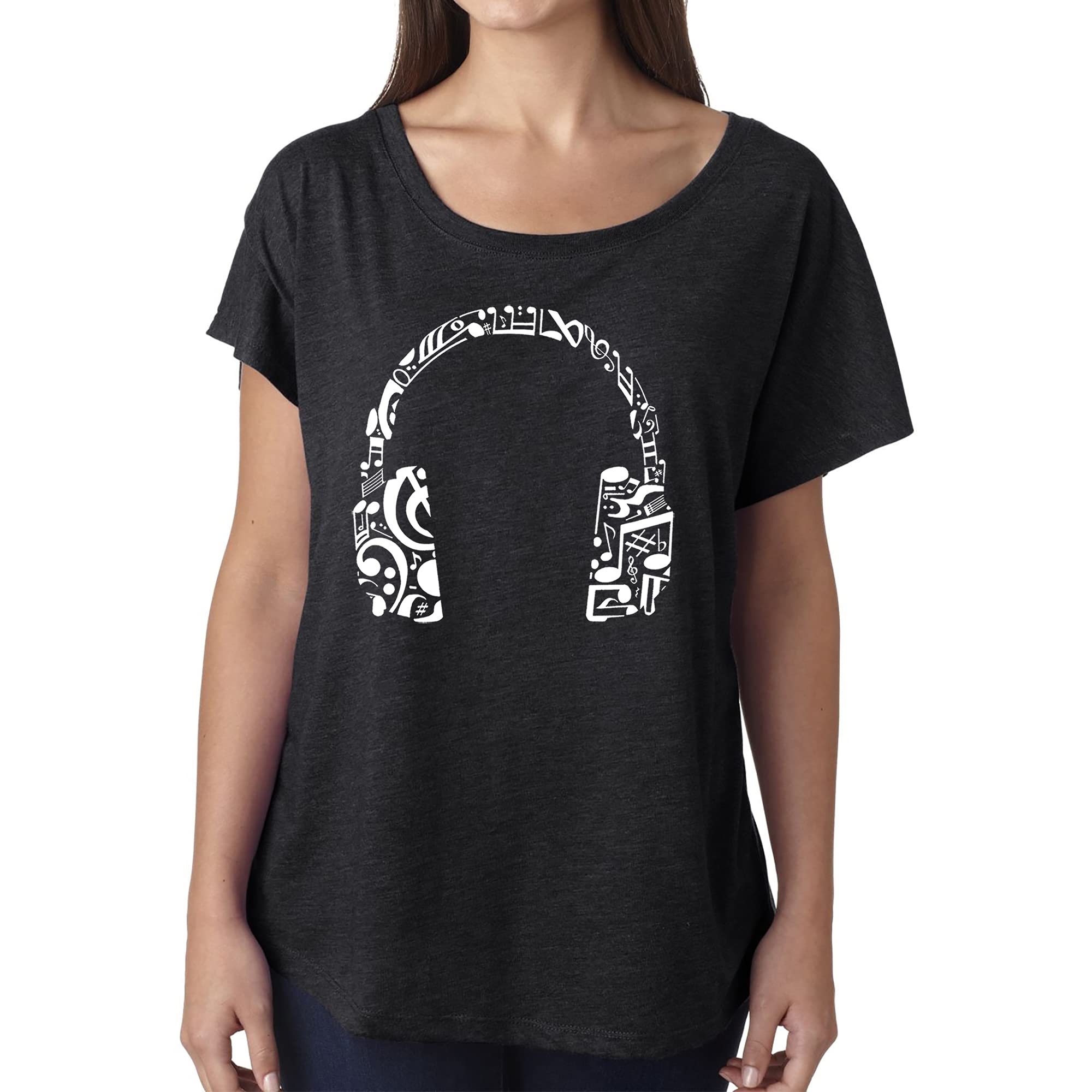 LA POP ART Women's Dolman Cut Word Art T-Shirt with Music Note & Headphones Design - Comfortable Casual Tee for Concerts, Music Festivals & Streetwear Fashion