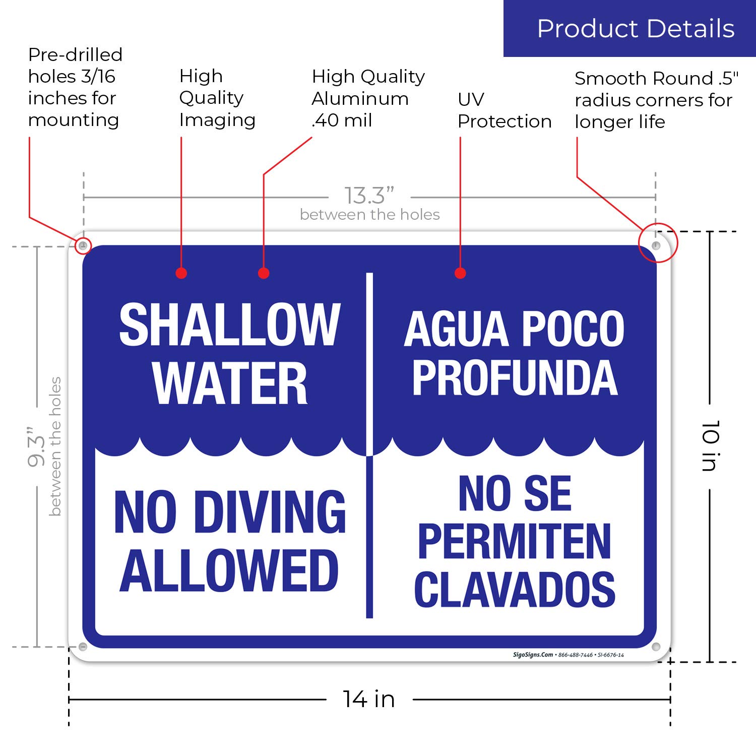 Shallow Water No Diving Allowed Bilingual Pool Safety Sign - 10x14 Inch Rust-Free .040 Aluminum, Fade Resistant for Indoor/Outdoor Use - Made in USA - Perfect for Swimming Pools, Water Parks & Public Beaches
