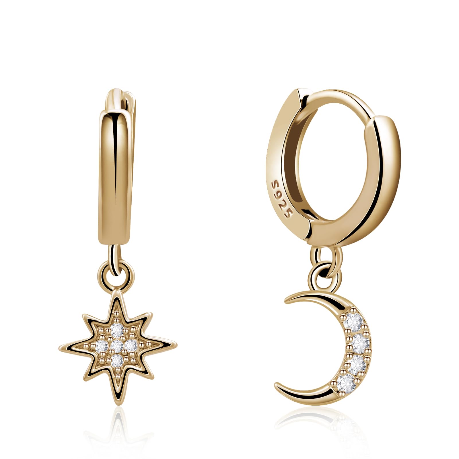 925 Sterling Silver Gold Moon and Star Huggie Hoop Earrings - Handmade Drop Dangle Earrings for Women & Girls | Perfect for Everyday Wear, Parties & Gifts