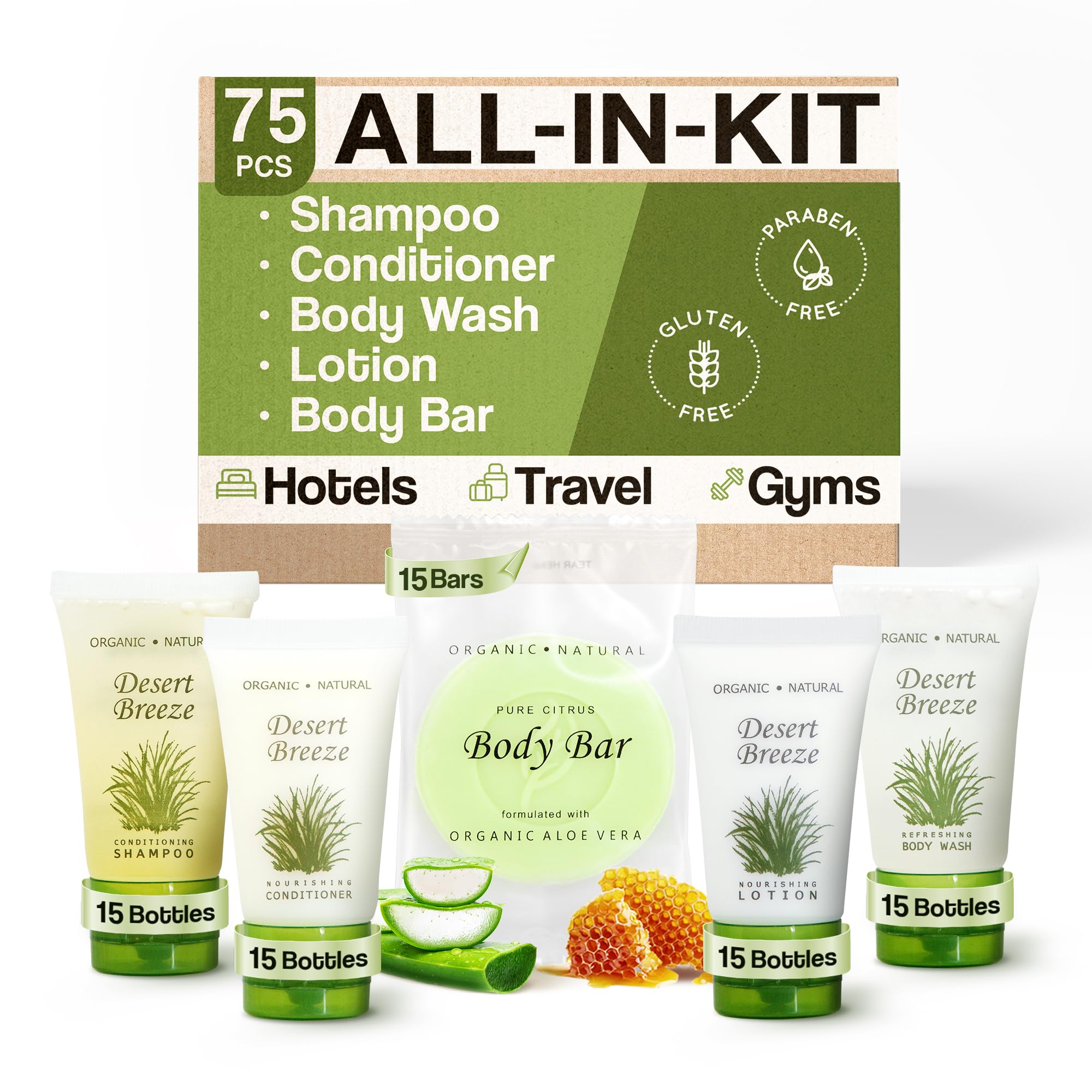 Desert Breeze Hotel Soaps & Toiletries Bulk Set - 75 Piece Travel Amenities Kit with 1oz Shampoo, Conditioner, Body Wash, Lotion & Bar Soap | Perfect for Hotels, Spas, Travelers & Hospitality Businesses