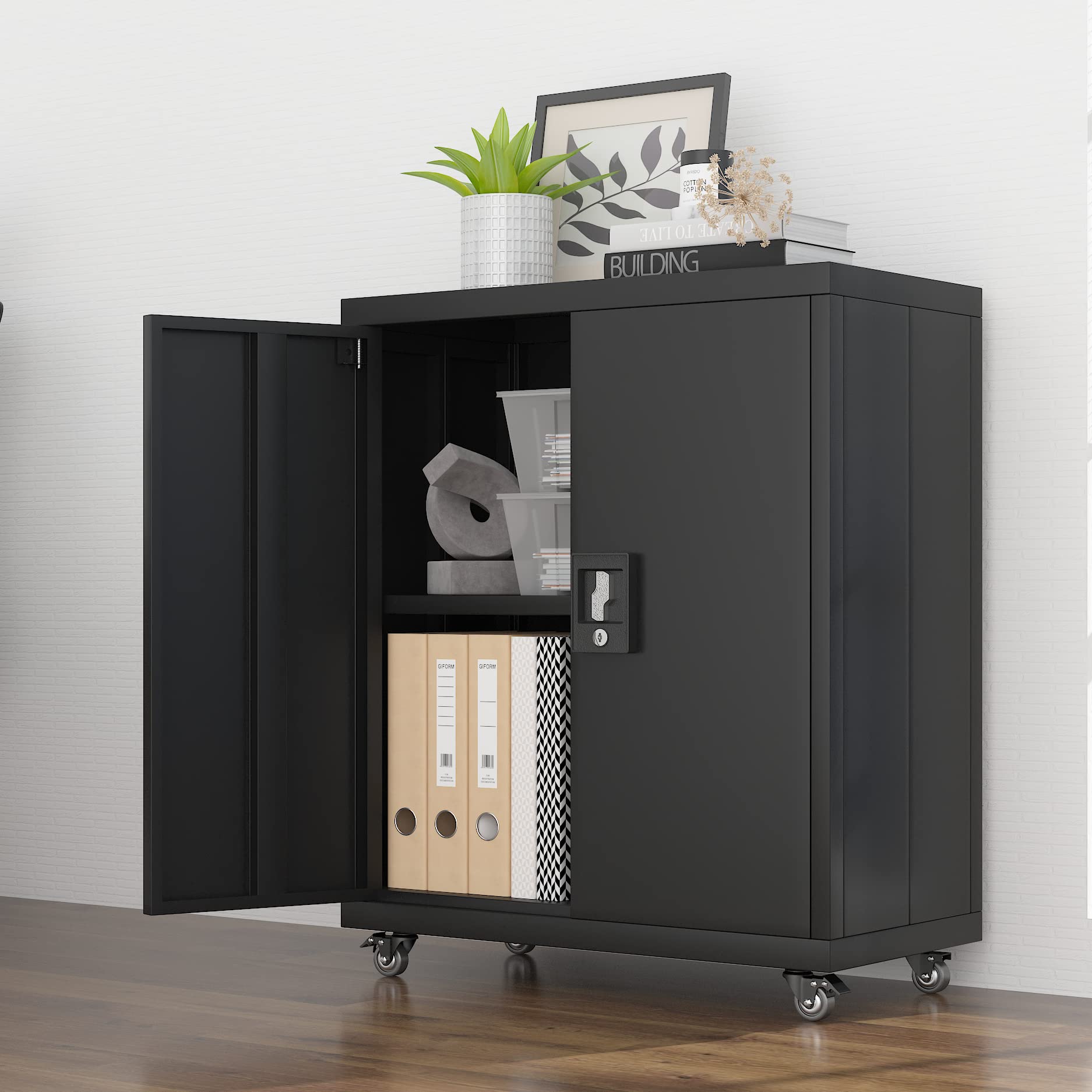 GREATMEET Heavy-Duty Metal Storage Cabinet with Wheels - Mobile Steel Cabinet with Adjustable Shelf & Lock, Black - Perfect for Office, Home, Garage, Kitchen & Classroom Organization