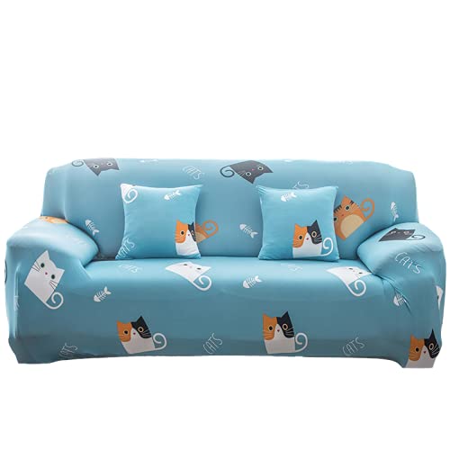 Jrymyc Stretch Sofa Slipcover - Elastic Furniture Protector for 4-Seater Couches, Printed Stylish Fabric Sofa Cover (Blue Cat & Fish Design) - Perfect for Living Room, Family Room & Pet-Friendly Homes