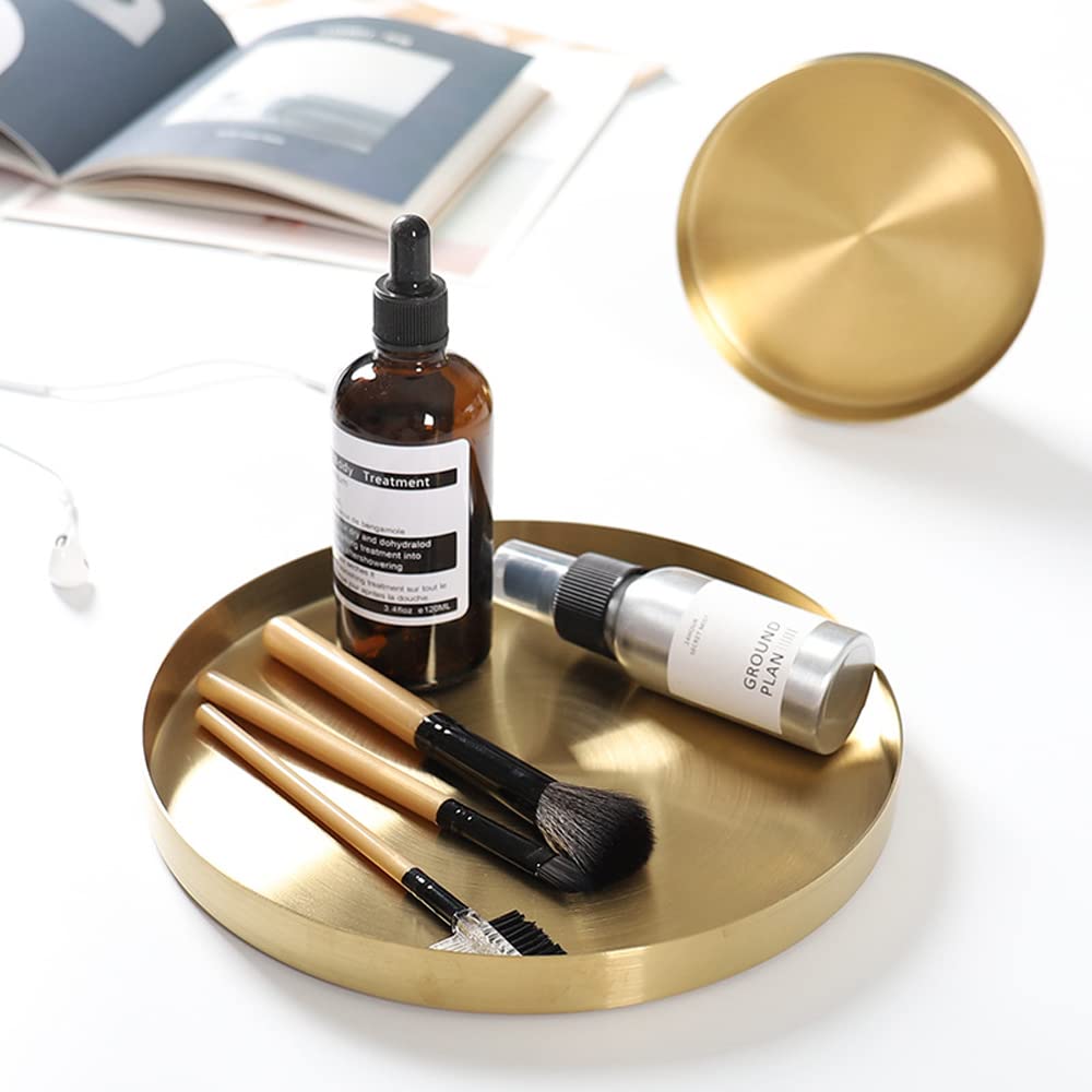 Freelove 8 Inch Round Brass Gold Serving Tray - Elegant Perfume & Candle Organizer for Dining Table, Coffee Table, Vanity, Bathroom - Perfect for Home Decor, Storage & Centerpiece Displays