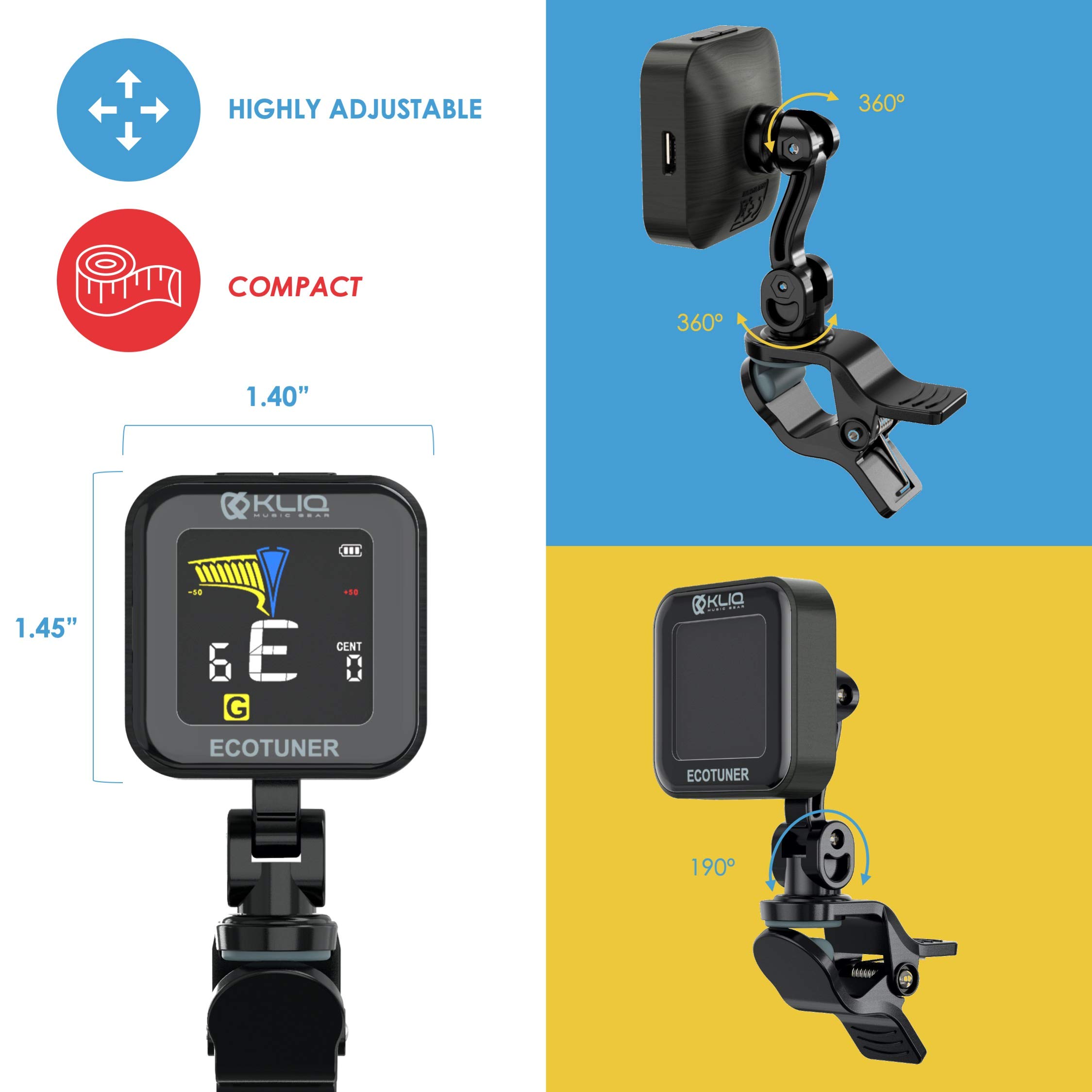 KLIQ EcoTuner - USB Rechargeable Clip-On Tuner for Guitar, Violin, Ukulele & All Instruments (Includes Charging Cable) | Perfect for Live Performances, Studio Recording & Music Practice