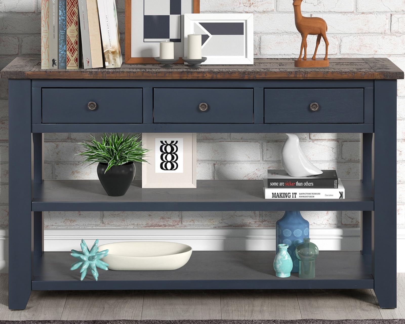 Solid Wood Console Table with Storage Drawers & Bottom Shelf - 48.8