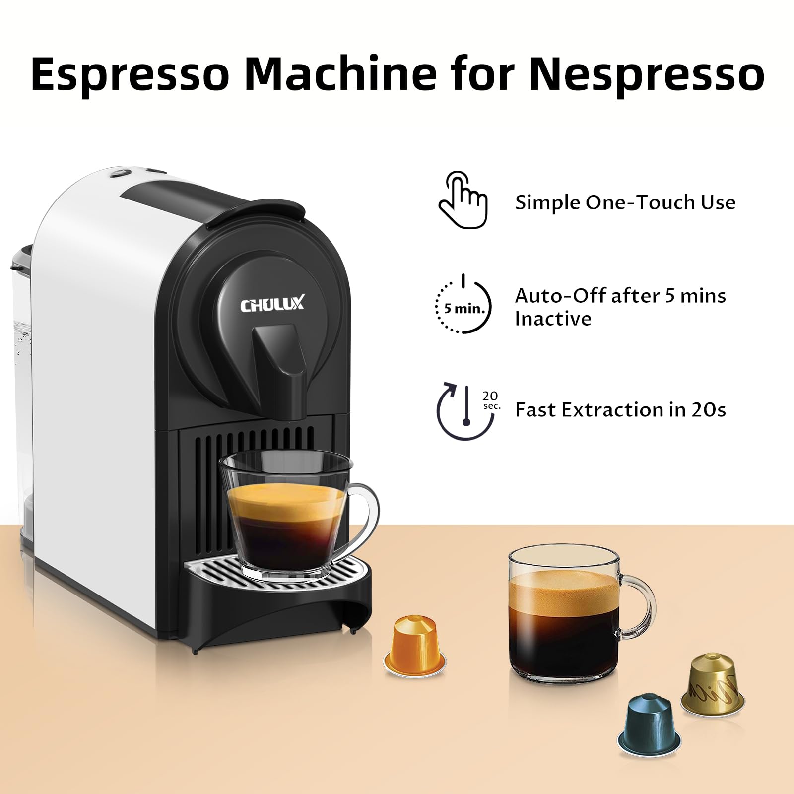 CHULUX Bafè-Pro Mini Espresso Machine for Nespresso Original Capsules - 20 Bar Pressure Single Serve Coffee Maker with Silver Drip Tray - Perfect for Home, Office & Small Spaces - Makes Rich Espresso & Lungo Coffee