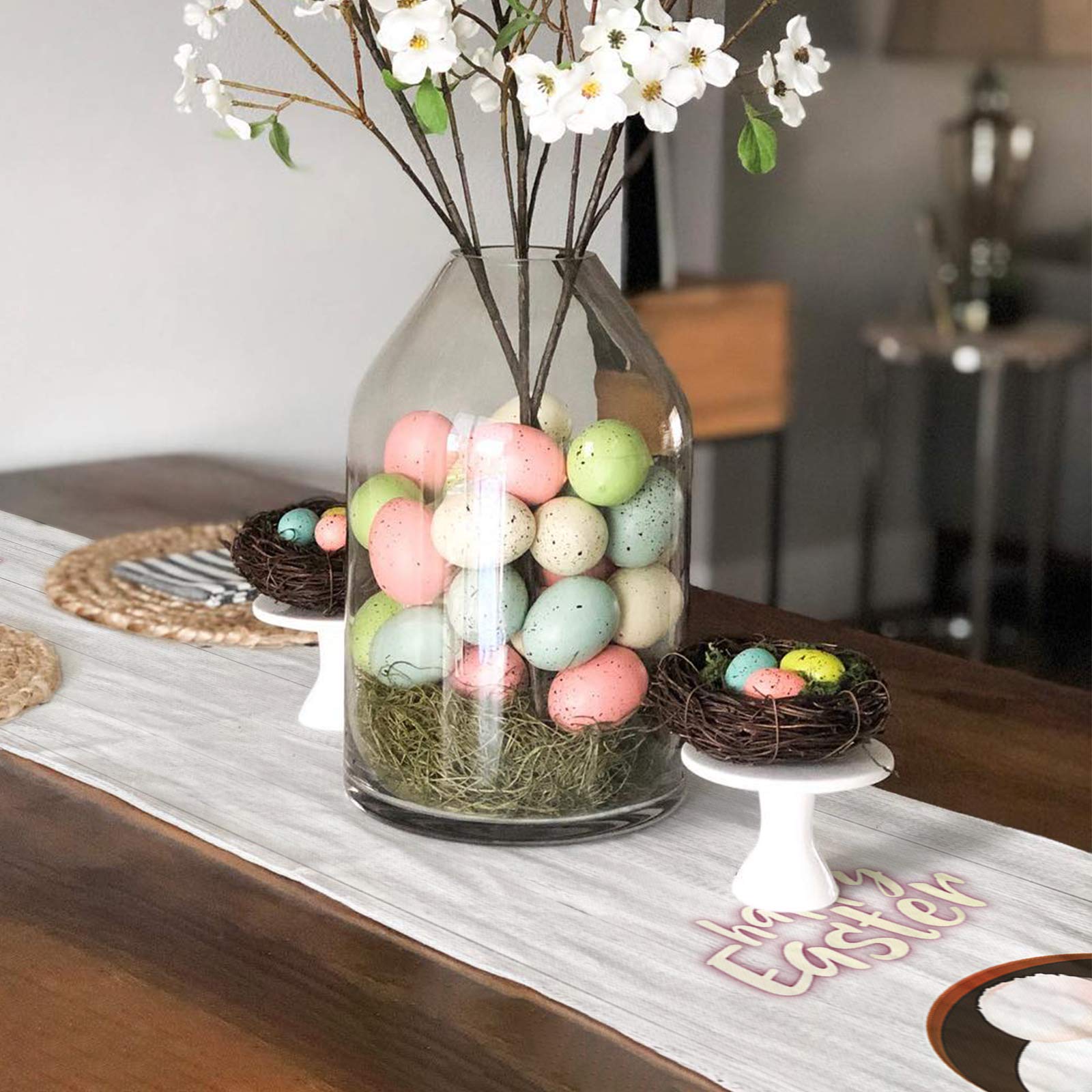 Easter Cotton Linen Table Runner - 18x72 Inch Farmhouse Kitchen Decor with Bunny Design for Dining Table, Holiday Parties & Rustic Home Decoration - Perfect for Easter Dinner, Spring Celebrations and Farmhouse Style Decorating