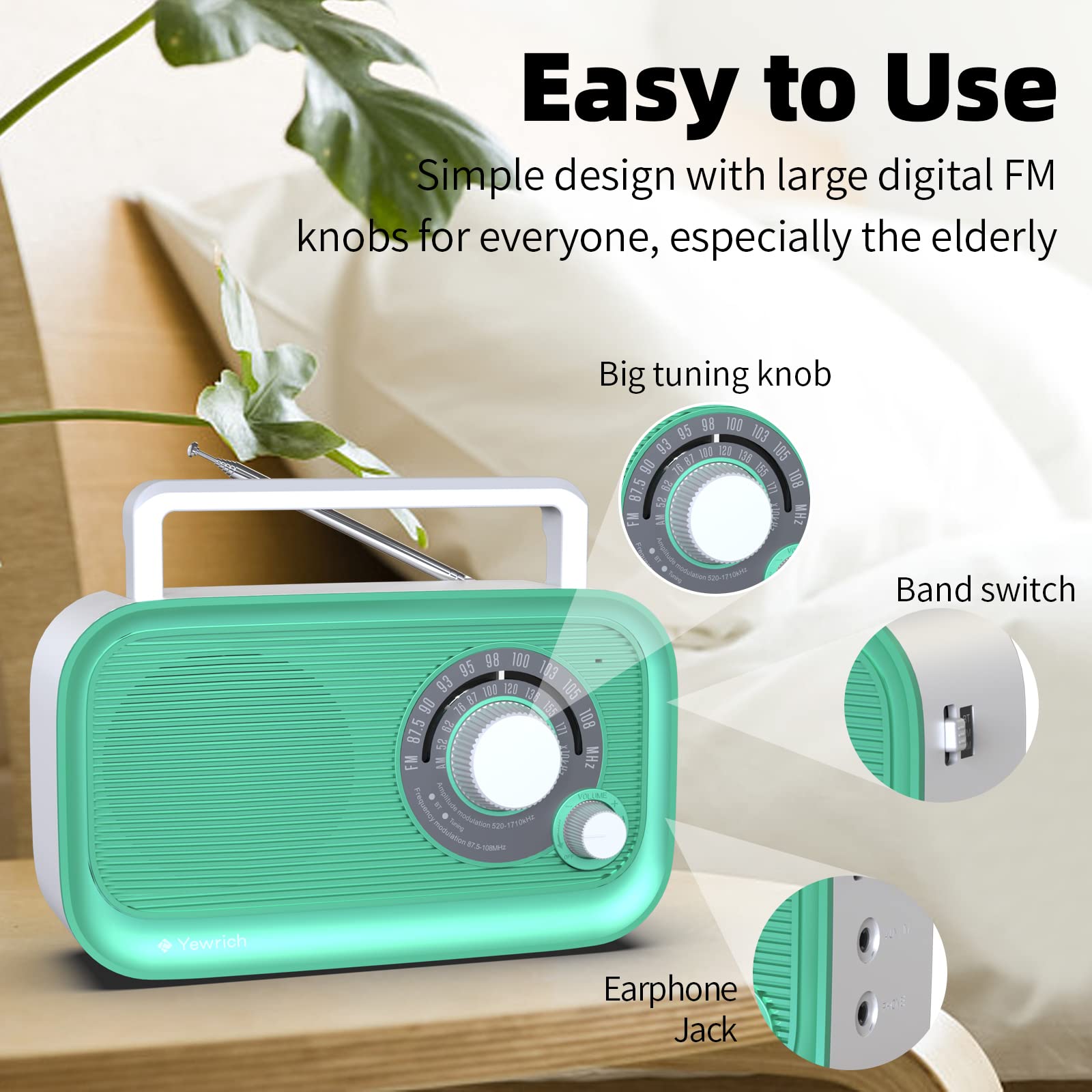 Portable AM/FM Radio with Bluetooth - Battery Operated & AC Powered Analog Transistor Radio with Best Reception - Large Tuning Knob & Built-in Speaker - Perfect for Home, Office, Travel, and Outdoor Use