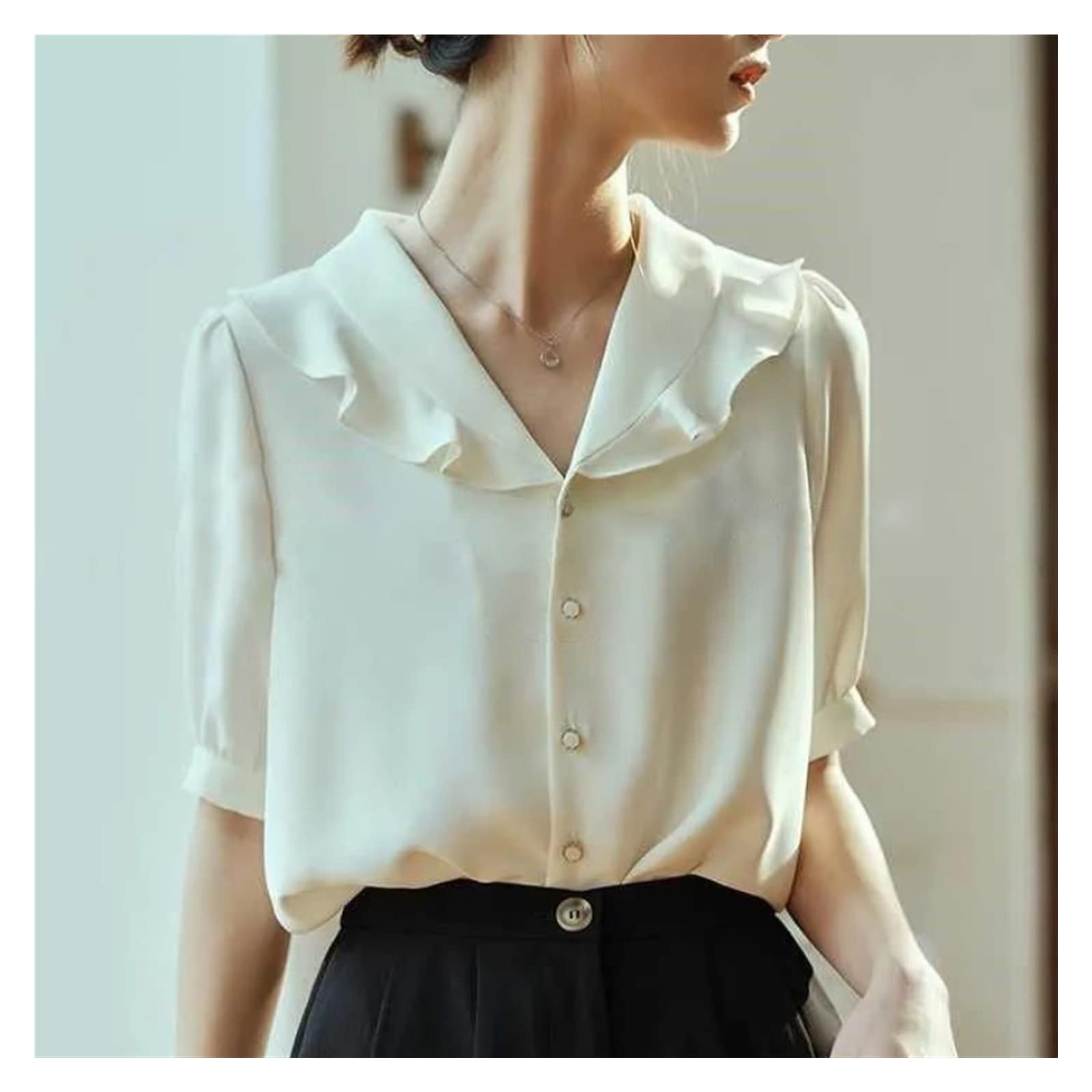 Elegant White Chiffon Blouse with Ruffled Collar - Short Sleeve Sweet Style Shirt for Women | Spring Summer Casual Wear | Perfect for Office, Dating & Special Occasions (Color: White, Size: L)