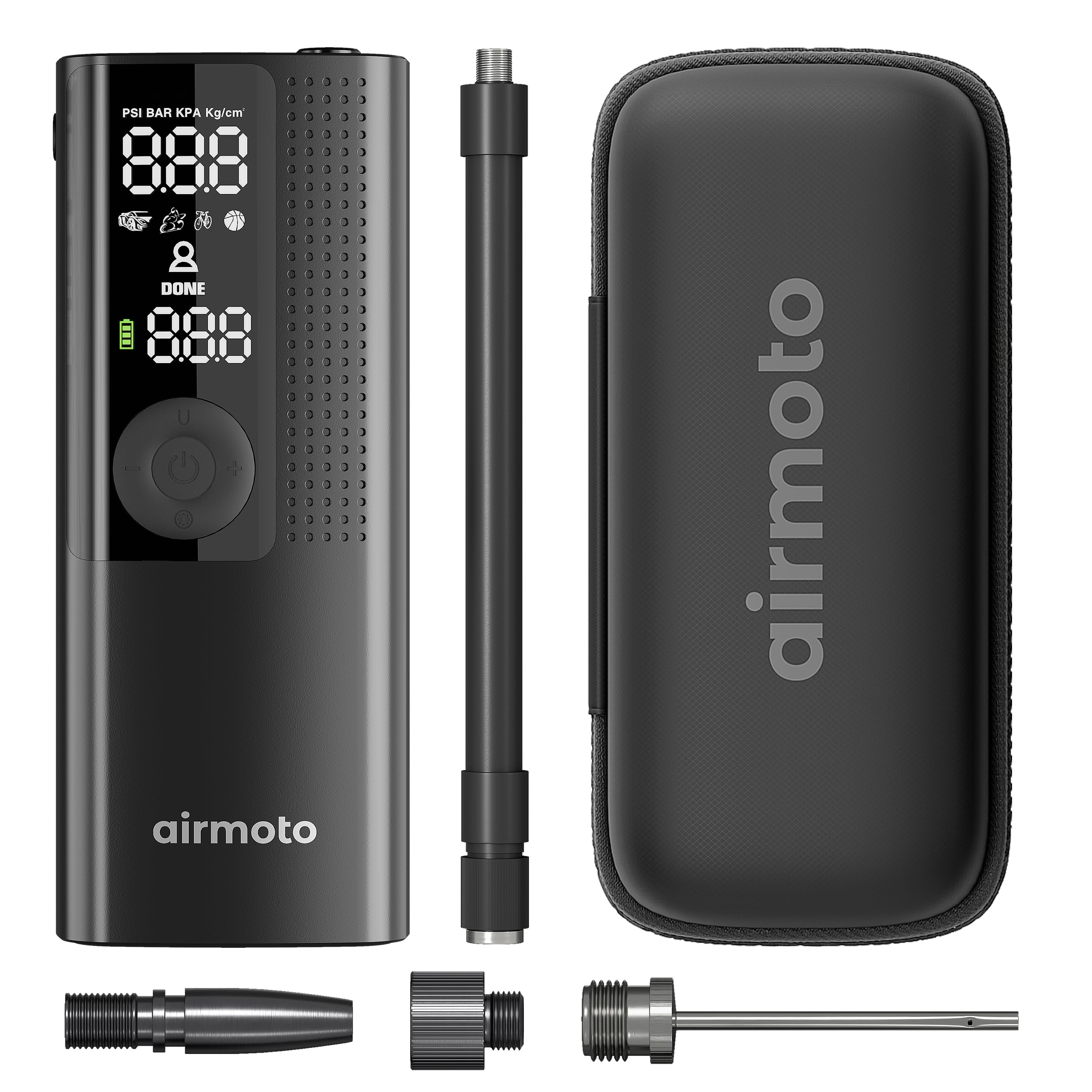 **Airmoto Portable Cordless Tire Inflator with Hard Carrying Case – 12V/110V Air Compressor for Car, Motorcycle, Bicycle Tires – Digital Pressure Gauge Included – Perfect for Road Trips, Camping & Emergency Use**