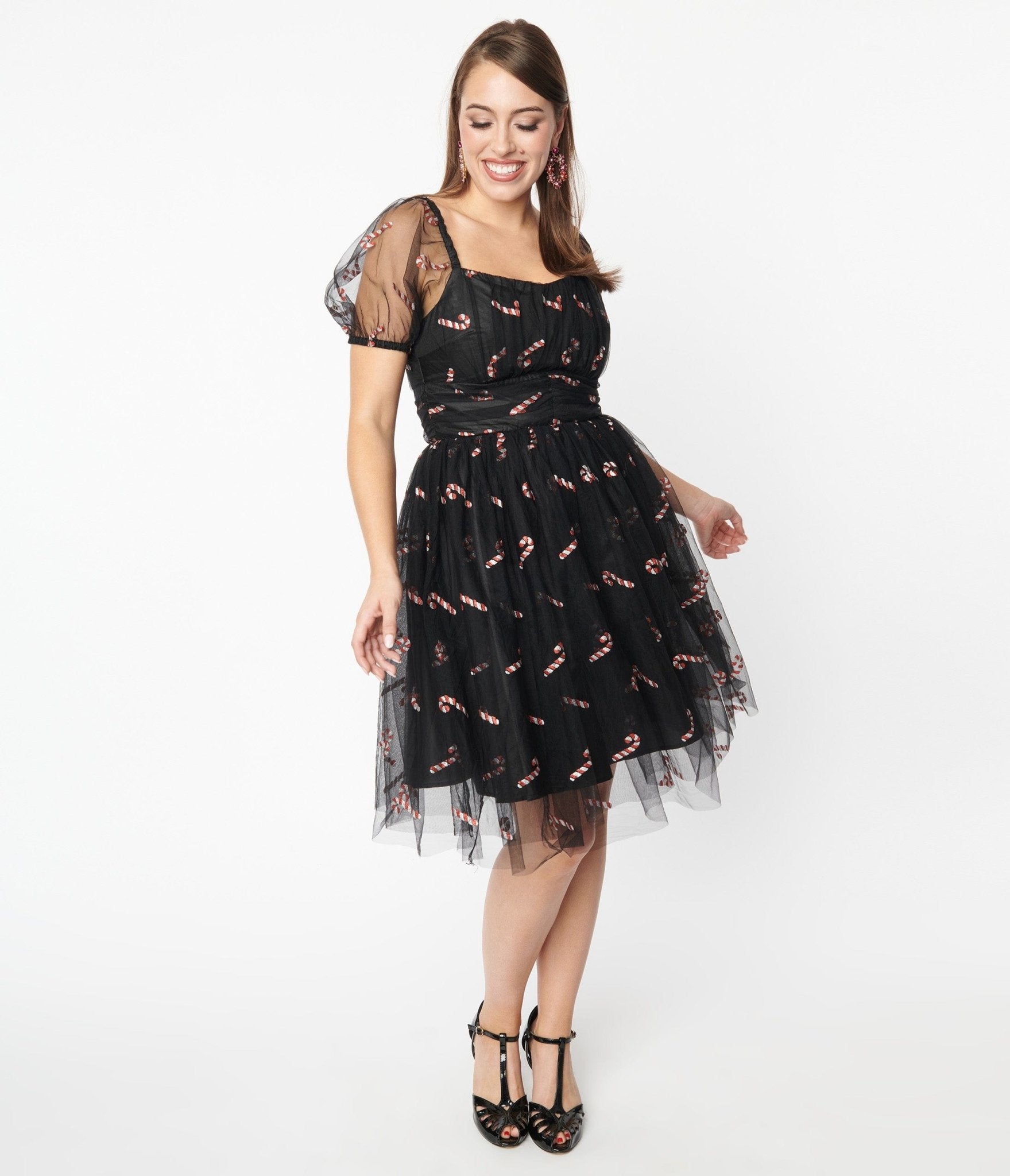 Vintage Black & Glitter Candy Cane Babydoll Dress - Retro Holiday Party Outfit for Christmas, Festive Events & Special Occasions
