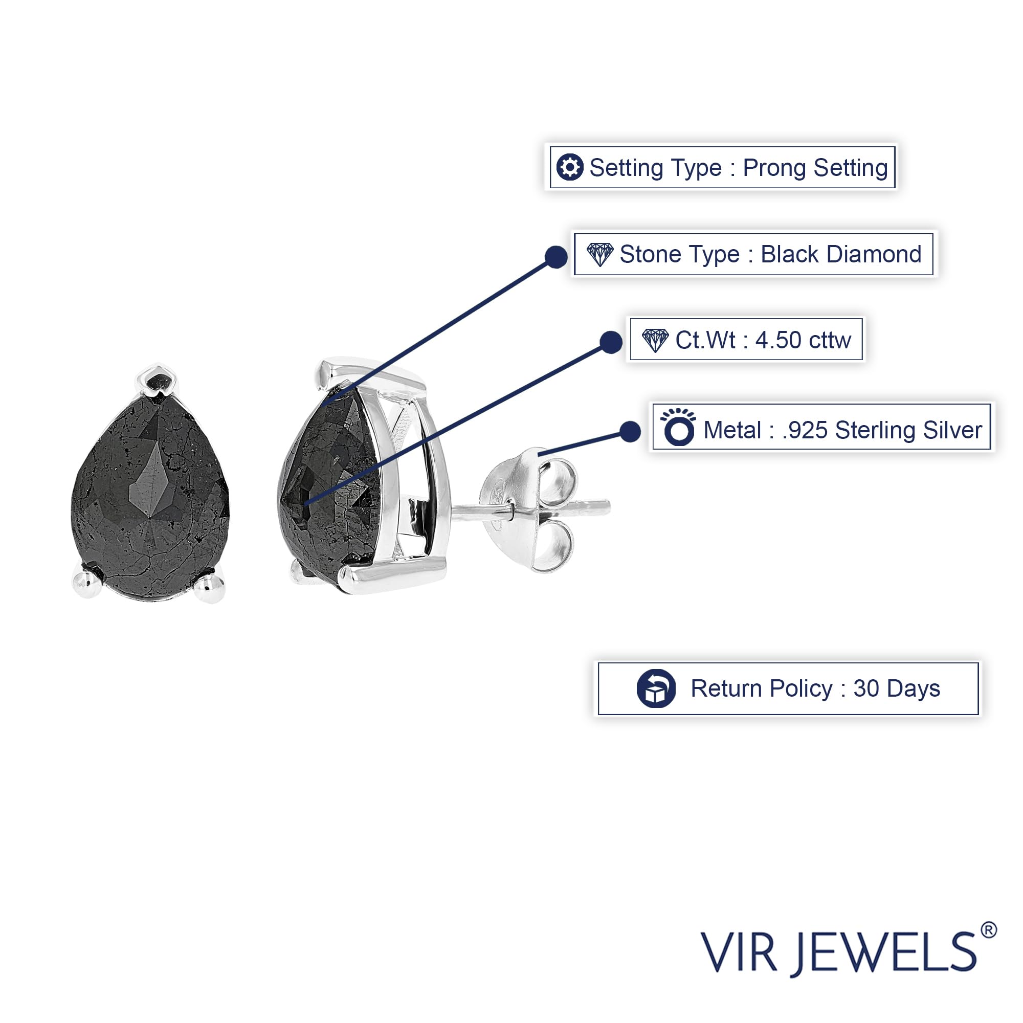 4.50 CTTW Pear Shape Black Diamond Stud Earrings in .925 Sterling Silver - Prong Set for Women, Gift for Her, Anniversary, Wedding, Party & Special Occasions