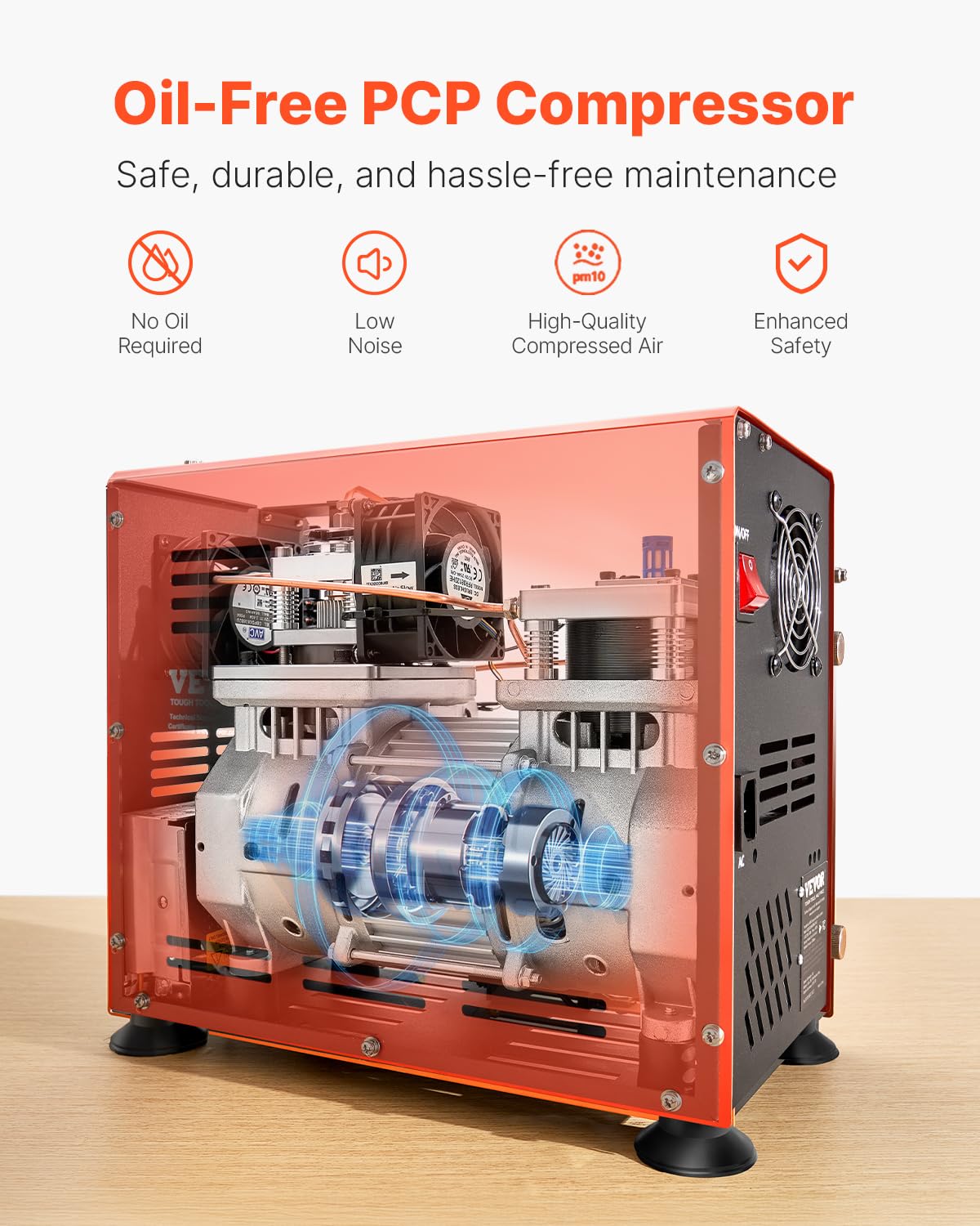 VEVOR 800W Dual-Cylinder PCP Air Compressor 4500PSI/30Mpa - Oil-Free Paintball Tank Pump with Auto-Stop & Built-in Cooling Fan - Perfect for Air Rifles, Scuba Diving Tanks & Paintball Guns | High-Pressure Airgun Charging Station for Outdoor Sports & Hunting
