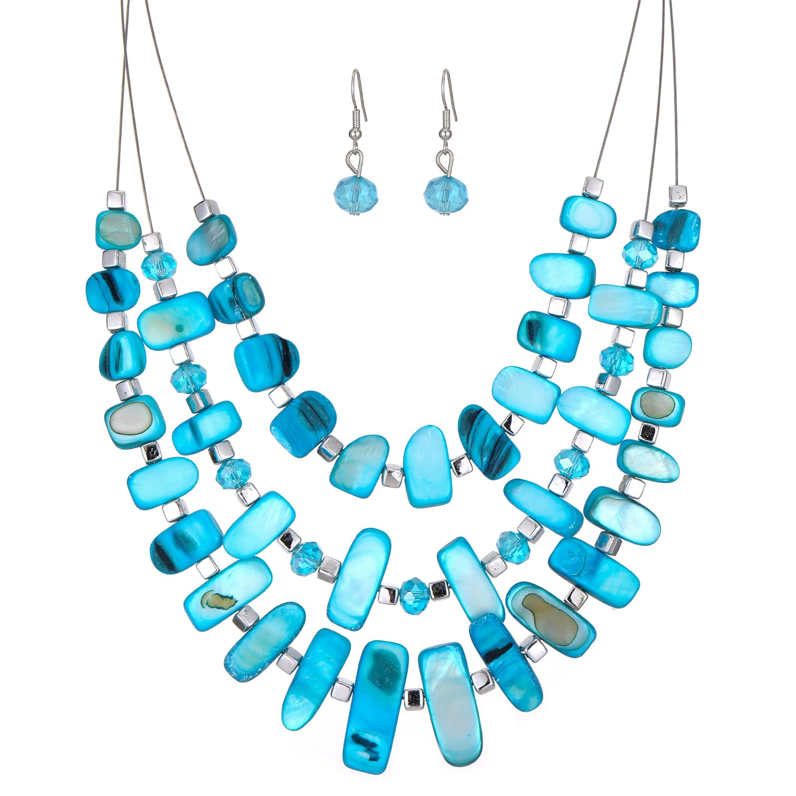 3-Layer Chunky Statement Necklace Set for Women - Beaded Strand Necklace with Matching Earrings - Fashion Jewelry for Costume Parties, Date Nights & Special Occasions - Perfect Gift for Her